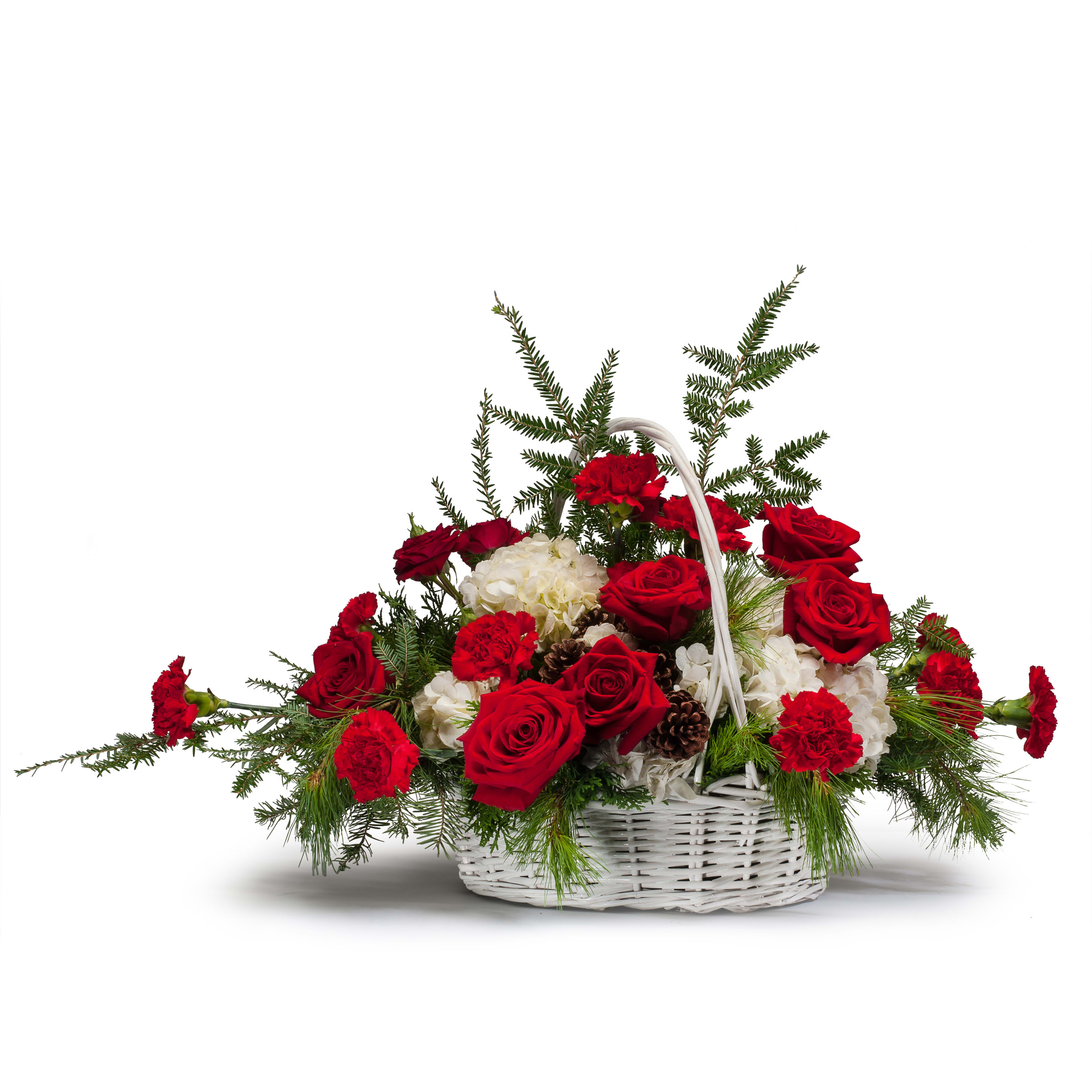 Premium Holiday Basket TMF13-306 - This white basket arrangement is lush and overflowing with beautiful evergreen and rich red blooms. Itâs a good choice for a larger dining room or entry table.