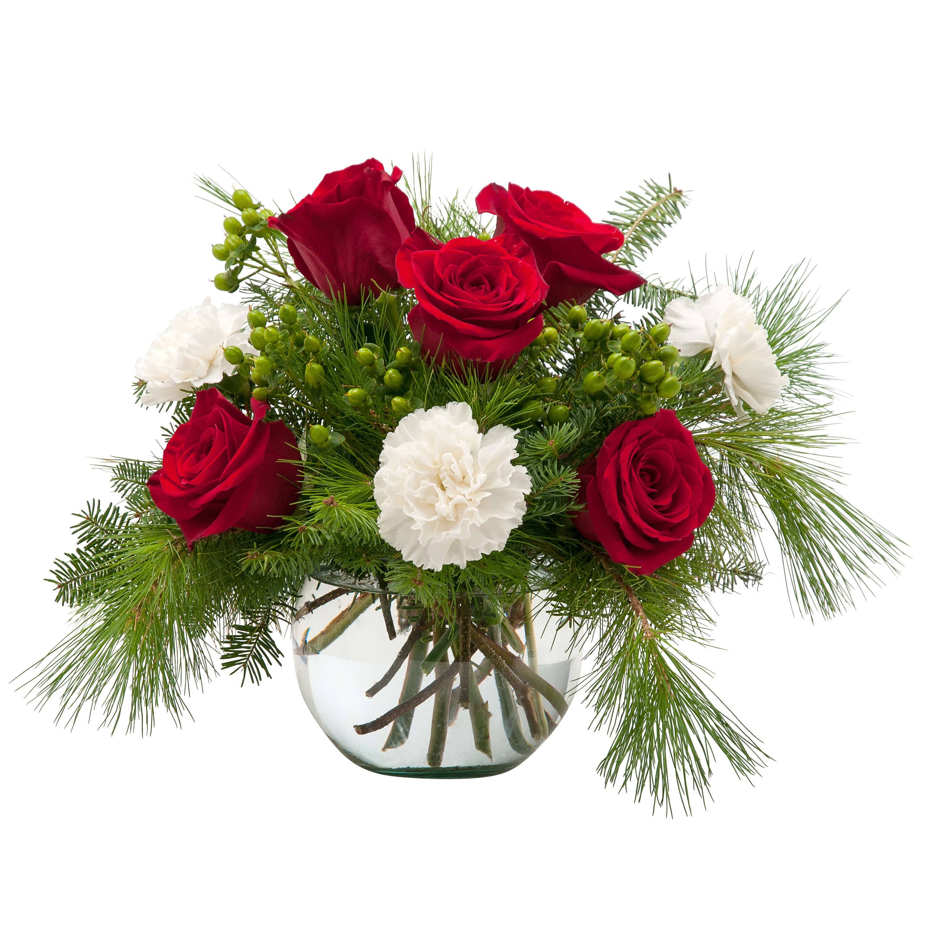 Winter Escapade TMF-389 - A simply beautiful mixture of roses, carnations and berries accented with evergreen. Approximately 9" wide by 10" high