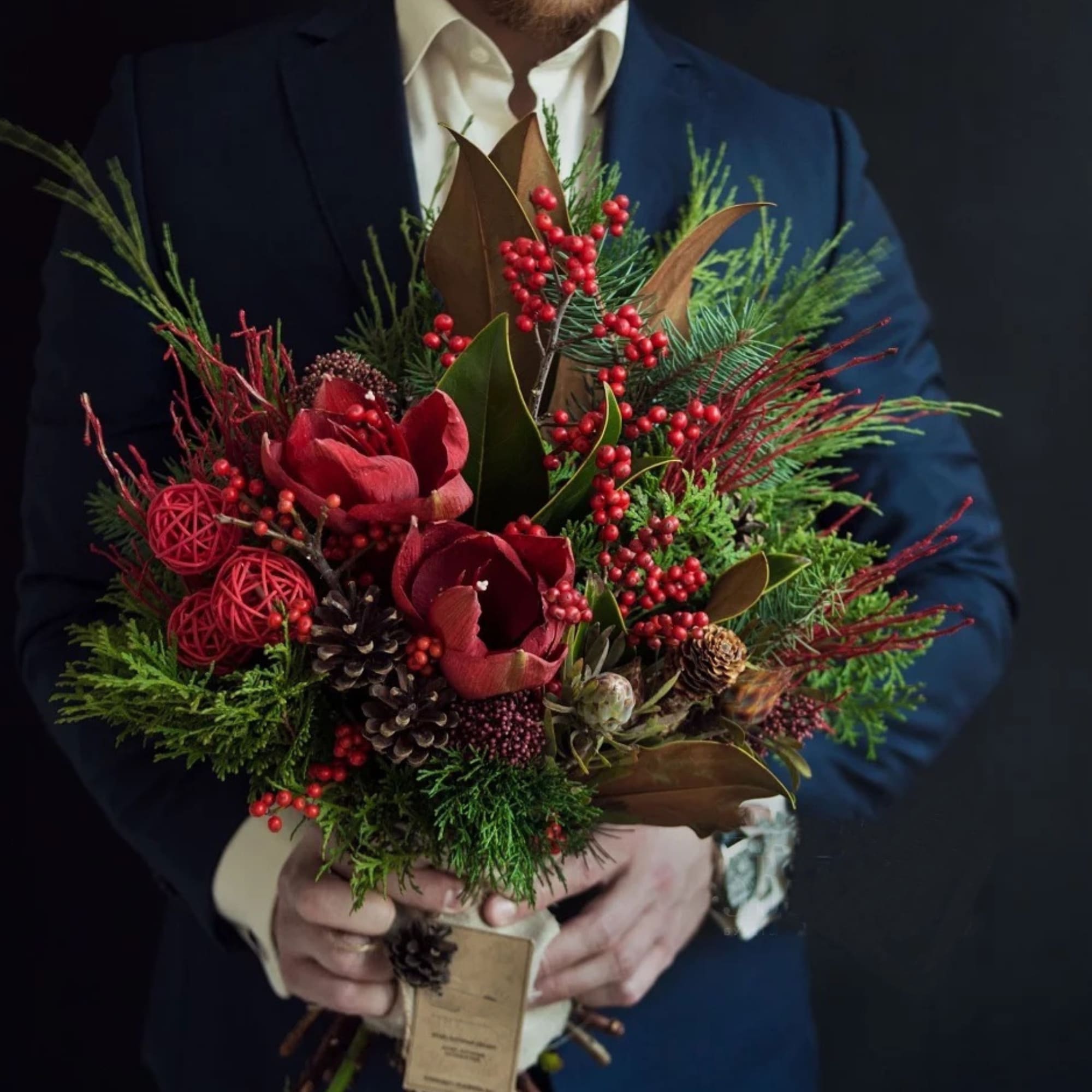 Christmas Bouquet - Red Flowers and Berries and Greens