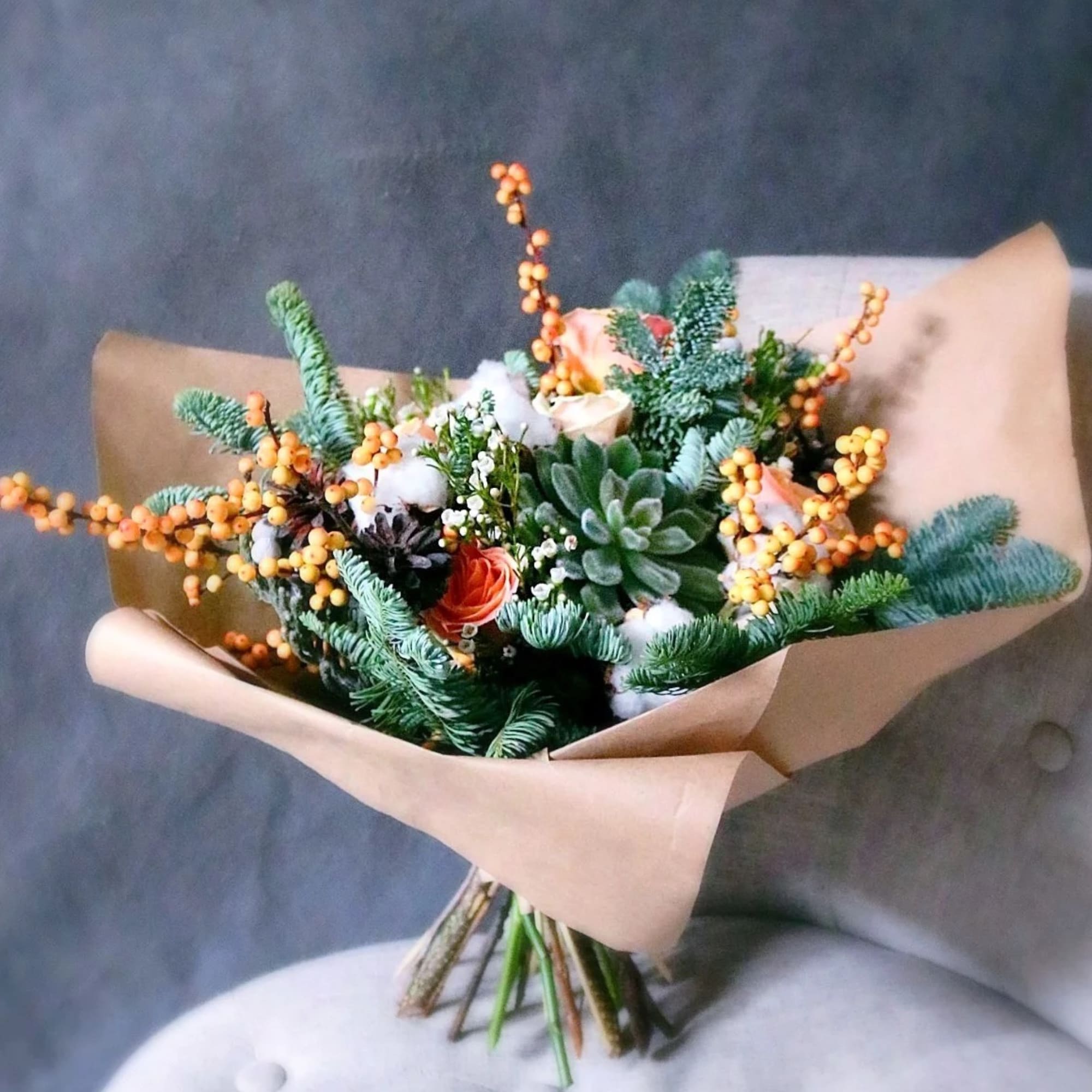 Holiday Bouquet - Succulent, Berries, Christmas Branches and Roses