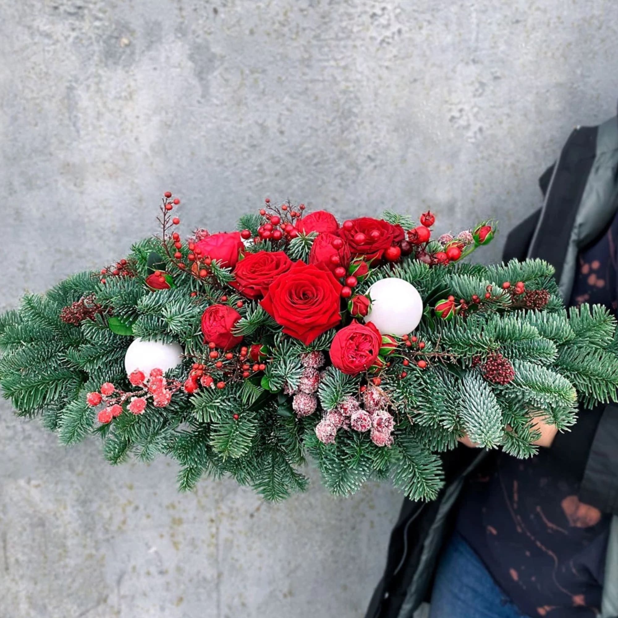 Holiday Centerpiece with Red Roses - Holiday Centerpiece with Red Roses