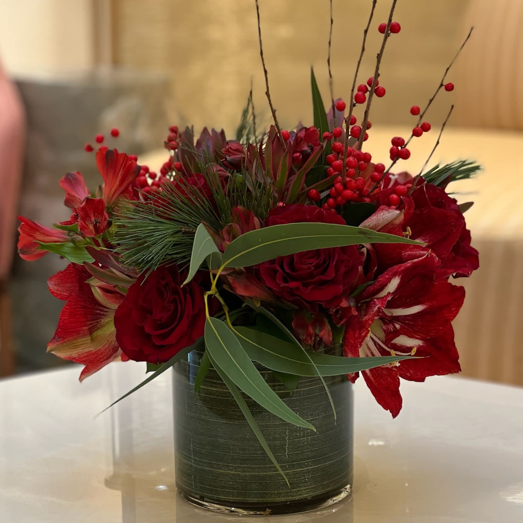 Merry and Bright  - Amaryllas, Roses and Branches in a vase (included)