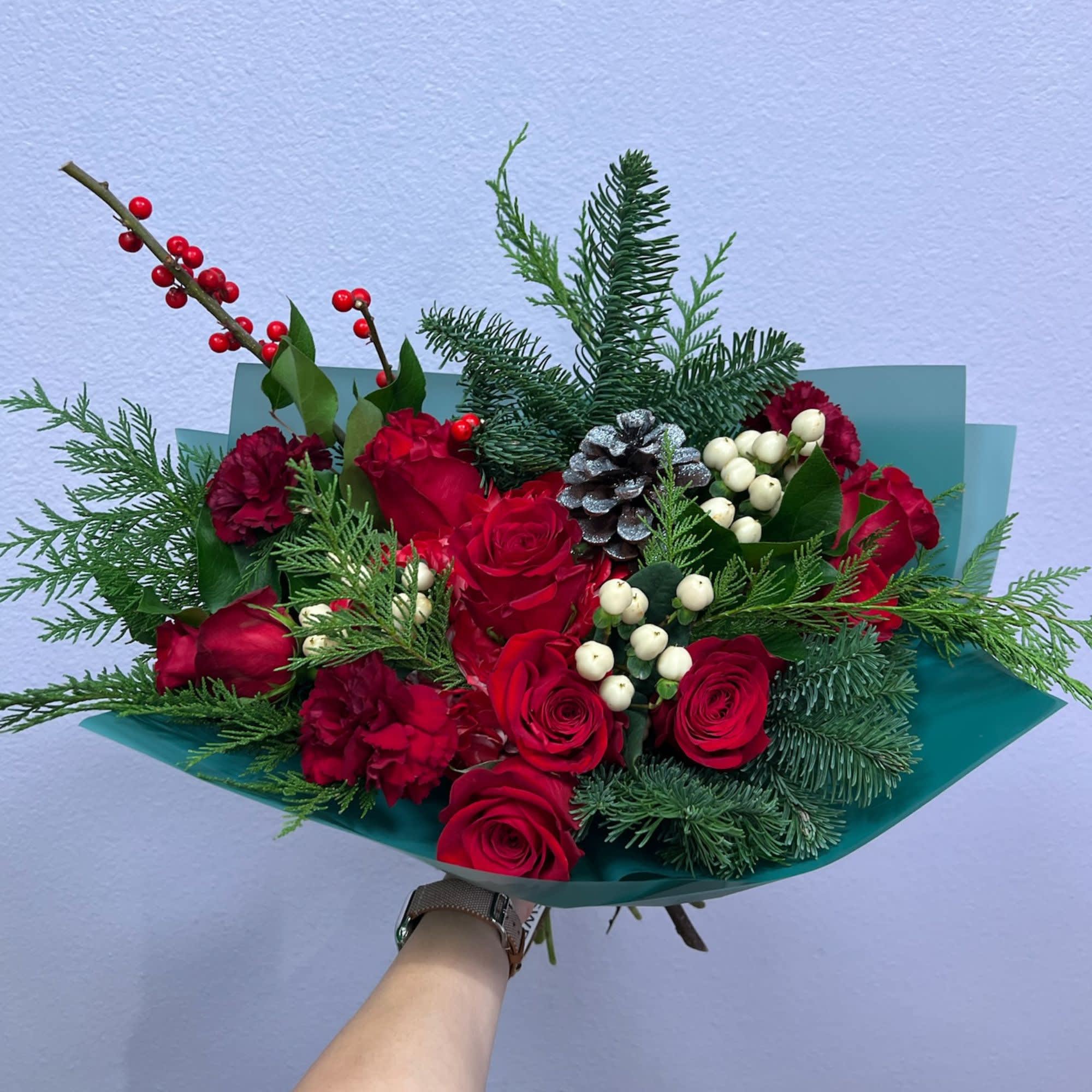 Red Velvet Joy - Red Roses, Christmas Branches, Berries, Carnations