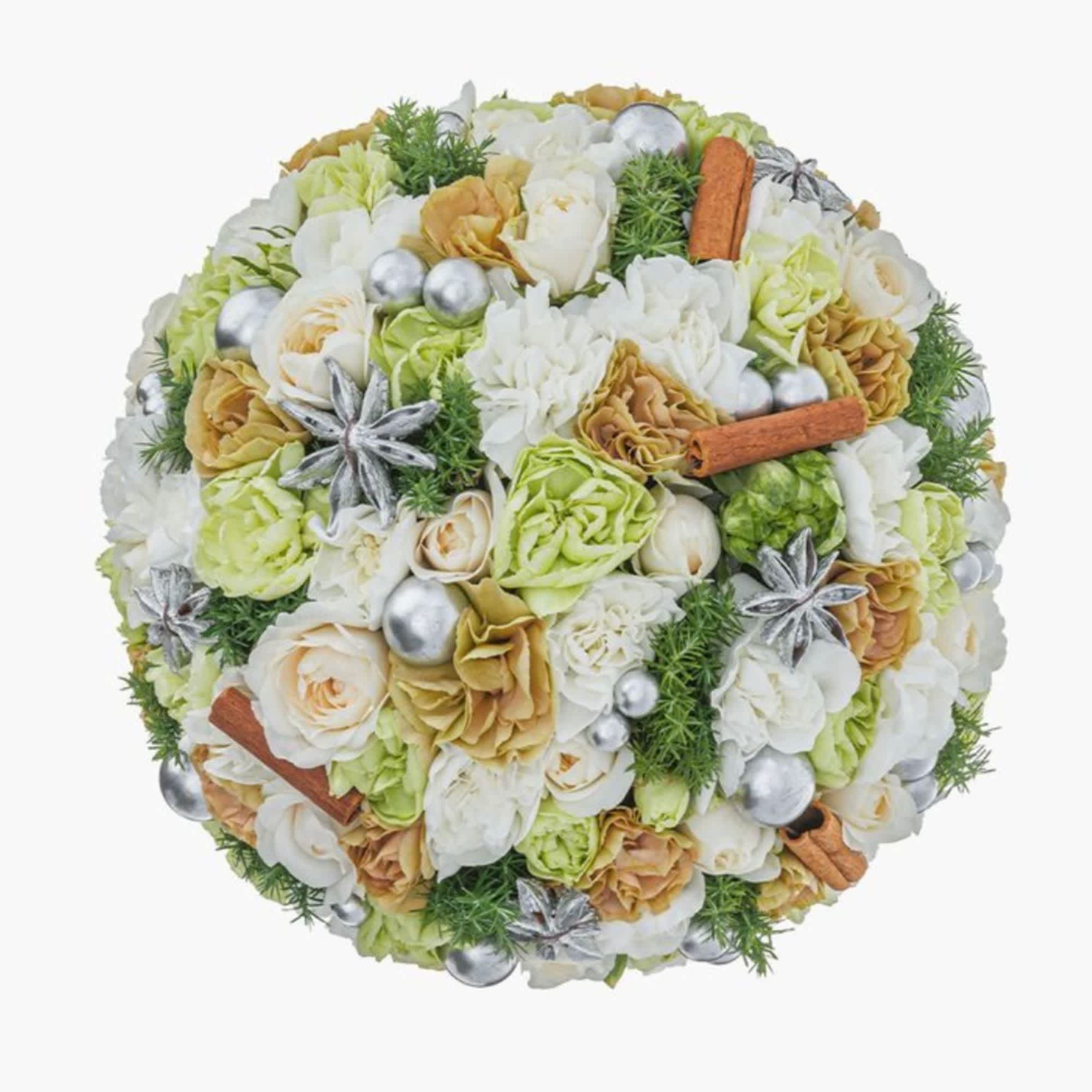 White and Green Christmas Colors - Our florists will create a beautiful arrangement with the most magnificent blooms but we cannot guarantee a specific flower type, we can promise that your arrangement will be gorgeous and fresh. The picture is just an example of the colors that the florist will use in the arrangement.