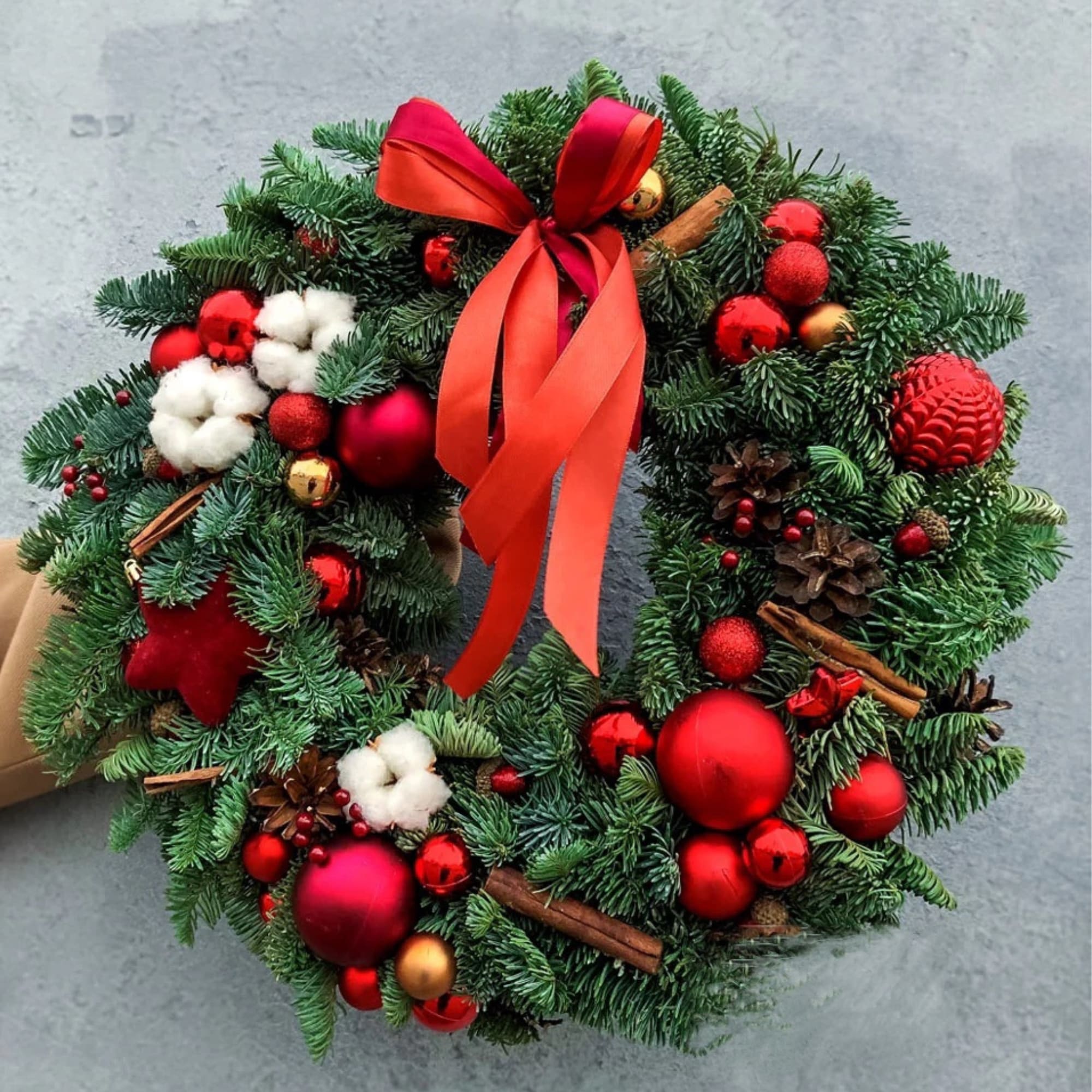 Wreath with Red Decorations  - Holiday Wreath with Christmas decorations in red colors