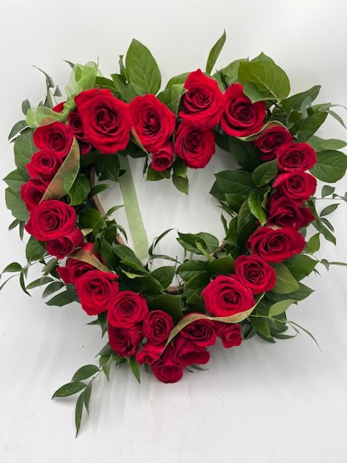 Forever In Our Hearts  - 18 &quot; Heart shaped flower arrangement with 2 dozen red roses and mixed greens ( Standard Size Image shown), Increase roses to 3 Dozen Deluxe or 4 Dozen Premium. 