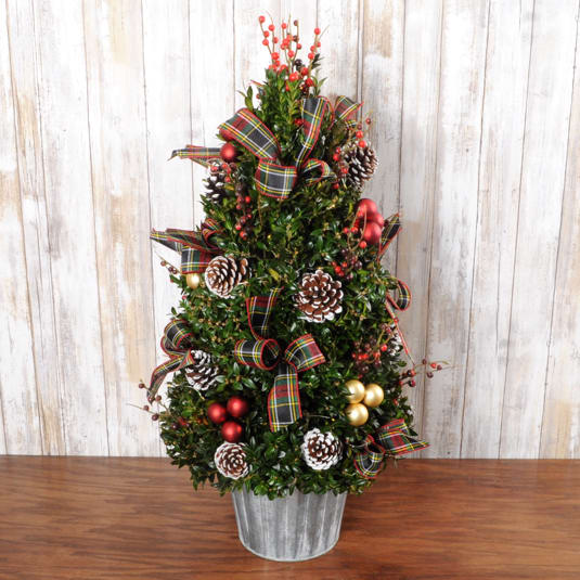 Large Boxwood Christmas Tree - Large handmade boxwood Christmas tree with battery operated lights, ribbon, pinecones, xmas balls, and berries.  Perfect for someone who does not have room for a tree.