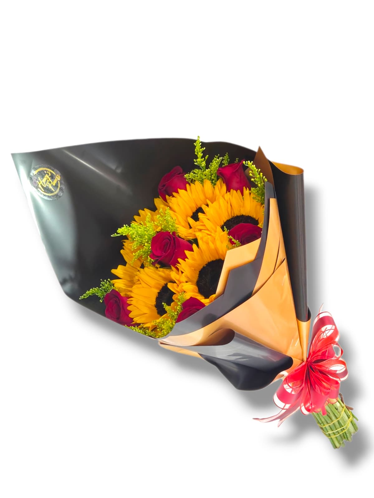 Red Birthday  - 6 Red Roses, 6 Sunflowers. Wrapped in Black Paper.