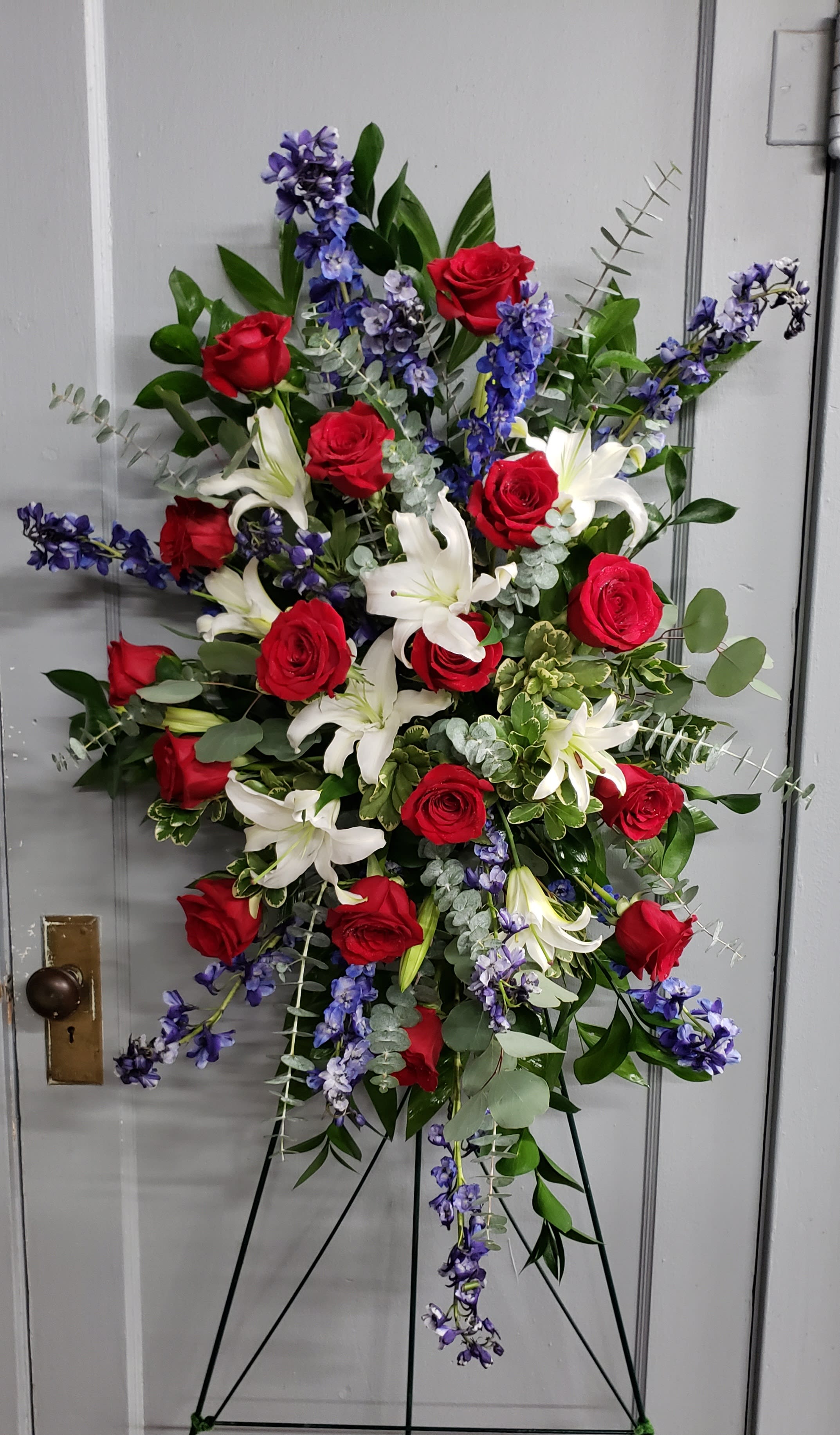 Faithful Celebration Easel - Red, white and blue flowers celebrating our faithful service people.