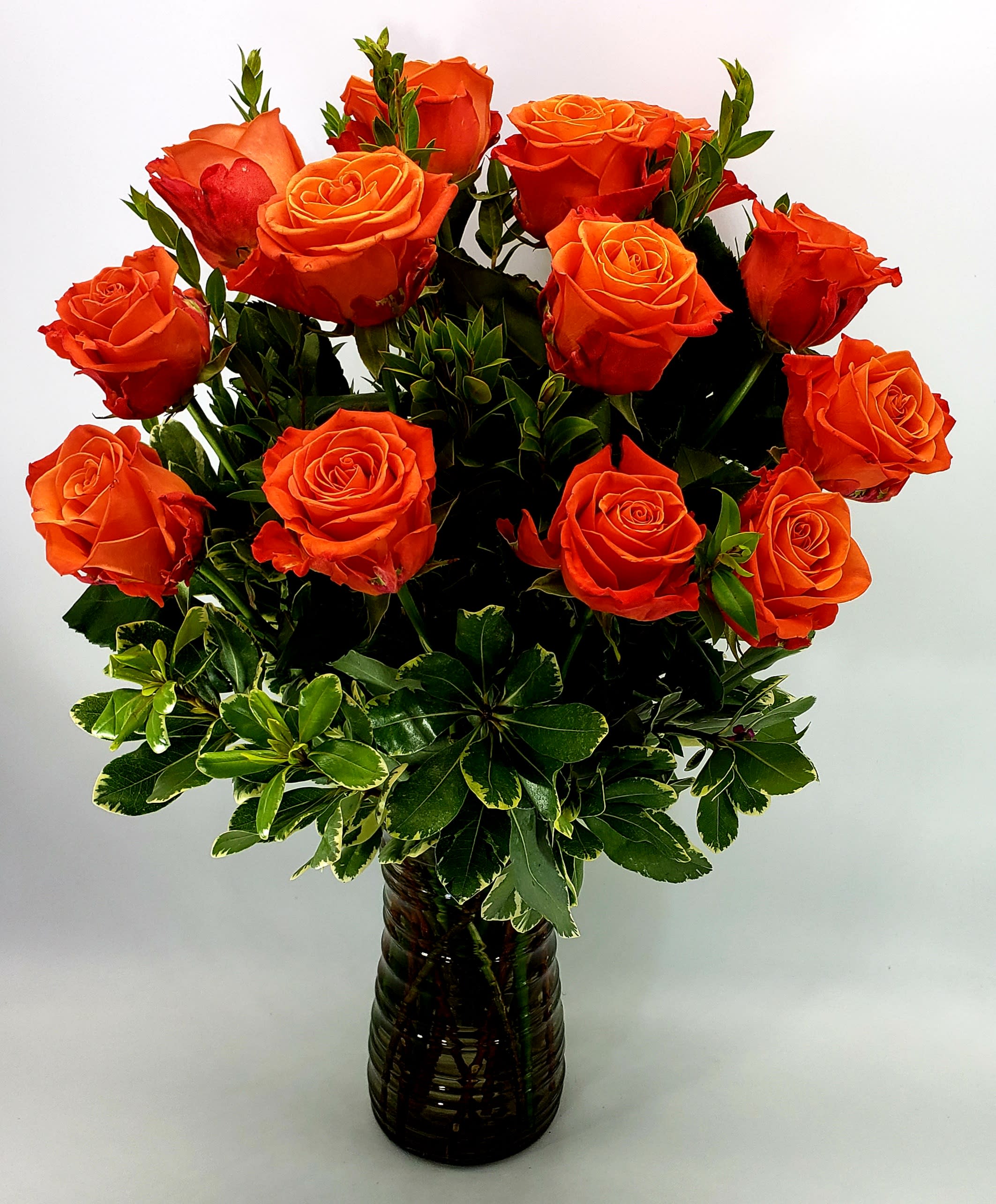 Orange Roses Bouquet - Orange Roses arranged in a clear glass vase.