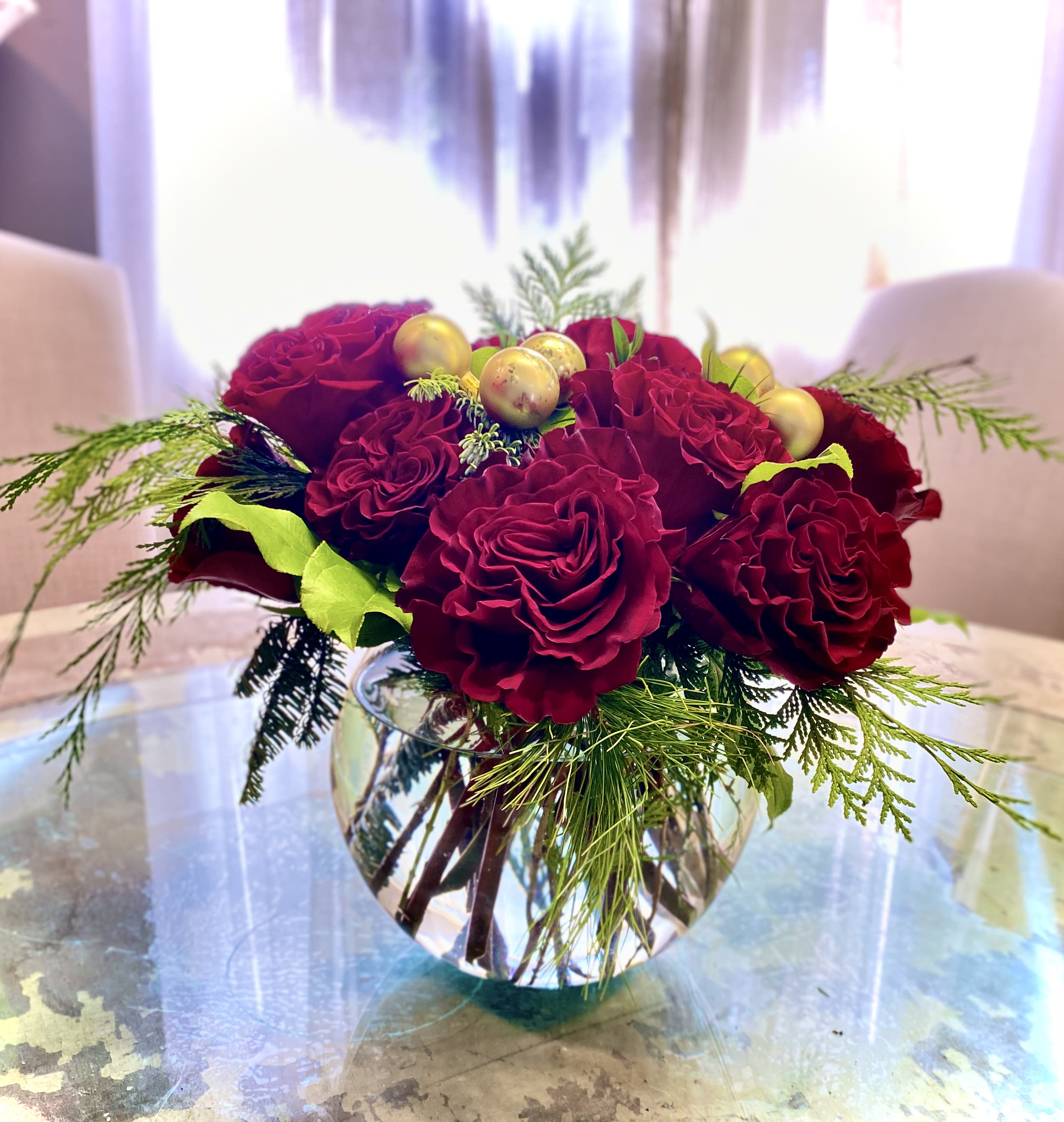THE ROSE BOWL - High petal count heart red roses and gold accents in a bowl-shape container