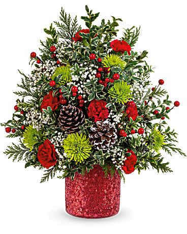 Teleflora's Holiday Cheer Tree Bouquet - Teleflora's Holiday Cheer Tree is brimming with joy! Red carnations, green mums, and winter accents are hand-arranged in Teleflora's sparkling Magical Wish Vase. This floral Christmas tree is a playful and festive gift for any holiday celebration. Teleflora's Holiday Cheer Tree includes red miniature carnations, green cushion spray chrysanthemums, gypsophila, oregonia, and cedar. Arranged with pinecones and berries in Teleflora's Magical Wish Vase