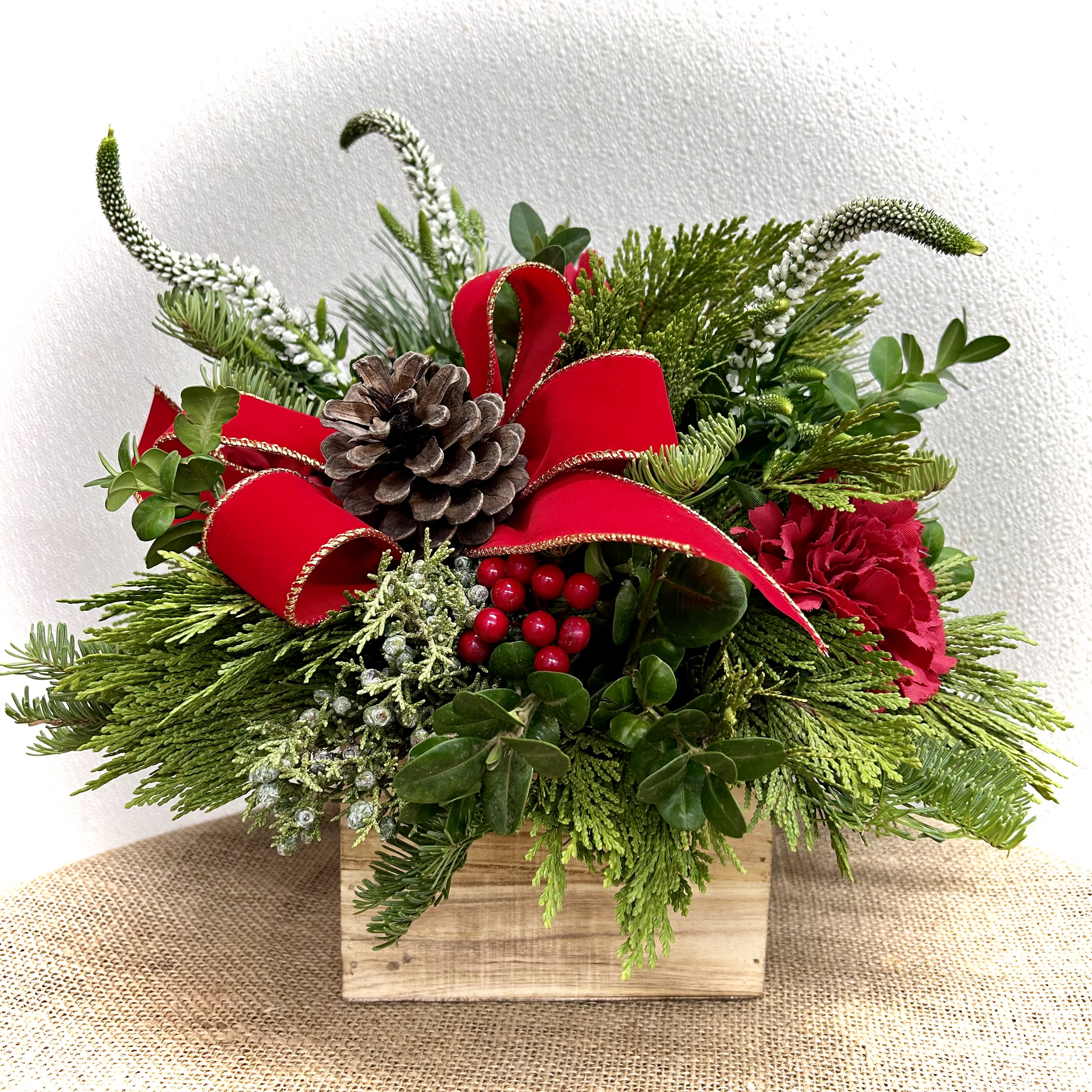 FaLaLa - Assortment of Christmas evergreens and florals in a rustic wooden box 