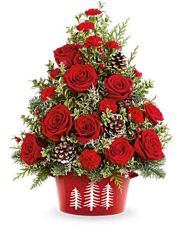 Teleflora's Holiday Traditions Tree - Bring holiday cheer home with Teleflora's Holiday Traditions Tree. This festive floral tree of red roses, holiday greens, and pinecones is hand-arranged in Teleflora's Snowy Pines Dish-perfect for tabletops or holiday gifting. Teleflora's Holiday Traditions Tree features red roses, red miniature carnations, white limonium, oregonia, cedar, and noble fir. Styled with pinecones and festive greens in Teleflora's Snowy Pines Dish Orientation: All-Around 