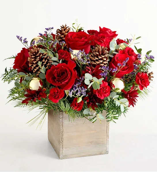 Russet Charm  -   NEW Our arrangement is as bracing and beautiful as a walk through the woods on a crisp winter day. Roses and other blooms in rich reds and burgundies are surrounded by lush Christmas foliage, pinecones, and petite golden balls in a gray-washed wooden cube. This gift will feel right at home on a table, a windowsill, a mantel… just about anywhere! 