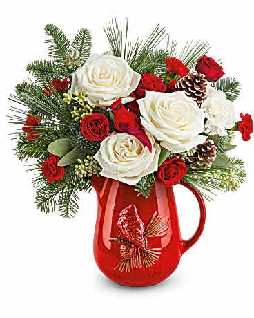 Teleflora's Scarlet Cardinal Bouquet - Teleflora's Scarlet Cardinal Bouquet celebrates the season with festive red blooms and winter greens in a keepsake Scarlet Cardinal Pitcher. A heartfelt gift for Christmas or anyone who cherishes holiday tradition. Teleflora's Scarlet Cardinal Bouquet features red spray roses, white carnations, and red miniature carnations. Accented with seeded eucalyptus, noble fir, and white pine in Teleflora's food-safe Scarlet Cardinal Pitcher Orientation: All-Around 