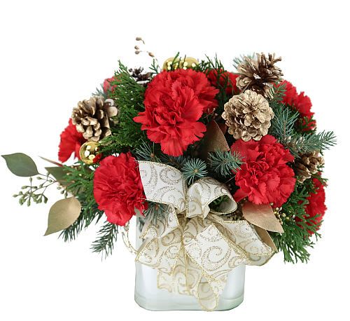 Season of Gold  - A season of celebration, friends and family is made even more precious with this golden floral gem. Featuring red carnations arranged with golden ornamental balls, gold frosted seeded eucalyptus, golden ribbon and ample seasonal greenery.