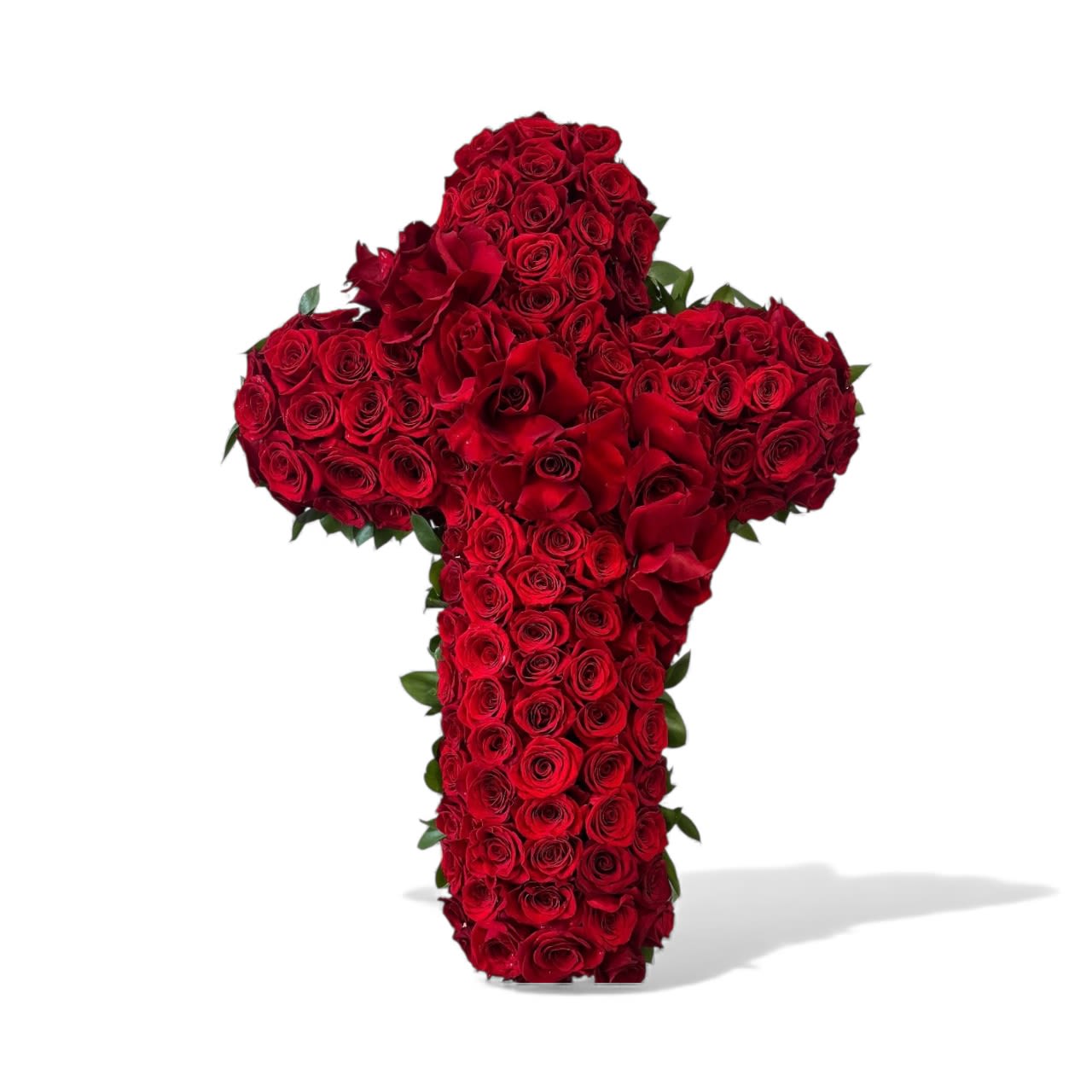 Eternal Love Cross - A beautiful sympathy cross created with rich, red roses, symbolizing, love, honor, and remembrance. Designed to pay tribute with elegance and heartfelt meaning.