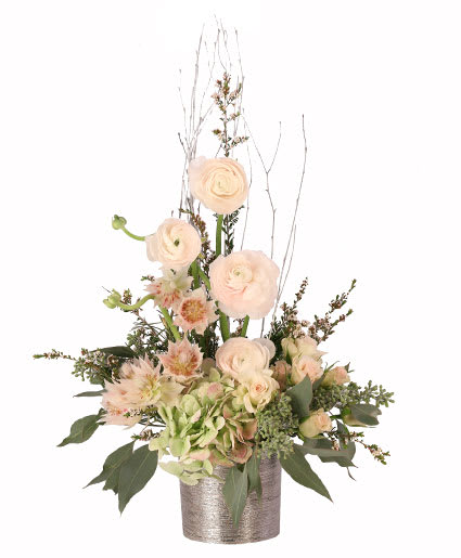 BLISSFUL BLUSH FLOWER ARRANGEMENT  -  Striking and timeless, this dreamy design is perfect for snowy days and cozy nights! The charming blushing bride protea, luscious cream spray roses, and ravishing white ranunculus pairs gorgeously with the lovely eucalyptus and tasteful antique green hydrangea making Blissful Blush a captivating winter classic! 