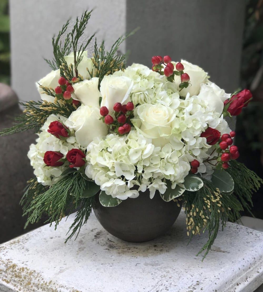 Winter Beauty Centerpiece - A refined holiday centerpiece designed to embody quiet luxury and winter romance. Voluminous clouds of white hydrangeas creates a plush, snowy foundation, enriched with creamy white roses the add softness and purity. Clusters of deep red spray roses and hypericum berries bring a striking pop of festive color, evoking winter berries against fresh snow. Seasonal evergreens frame the composition with beautiful, textural movement, adding depth, fragrance, and a natural winter aesthetic.  Arranged in a sleek matte vessel, this piece feels modern yet timeless- perfect for a holiday table, upscale home decor, corporate gifting, or a winter celebration. The contrast of white blooms and crimson accents conveys warmth, elegance, and a sense of celebration without excess, making it an irresistible choice for sophisticated buyers. 