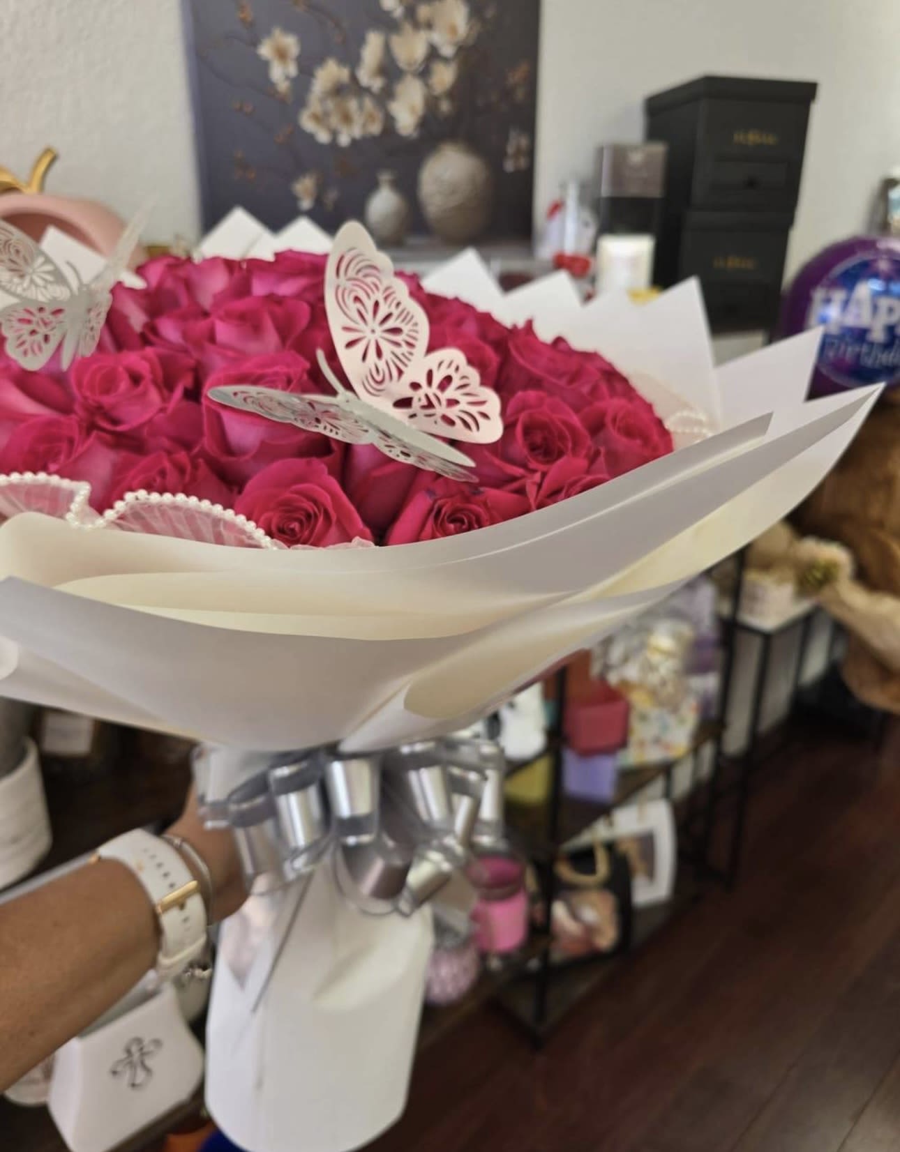 24 Hot pink roses wrapped  - hot pink roses 