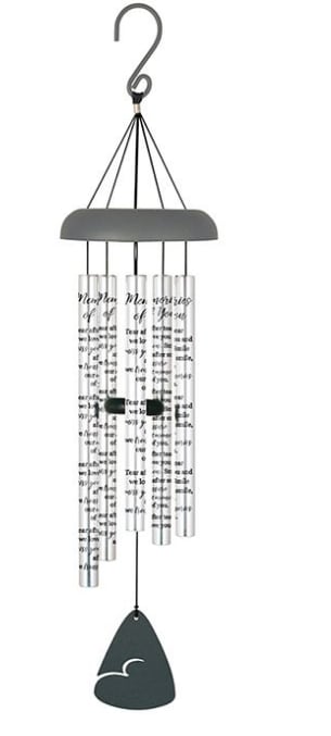 30&quot; Silver Sonnet Windchime - Memories of You - 30&quot; sonnet chime with 5 heavy walled, center pinned tubes that emit deep tones.  All aluminum construction durable powder coated and anodized finish and strung with industrial cord.  Each chime has as adjustable striker.  Tubes are 7/8&quot; diameter, sentiment is printed directly onto the tubes.  Chime Tubes Read:  &quot;Tear after tear we love you and miss you.  Smile after smile, we treasure our memories of you.&quot;  A silk bow will be added to the top of the windchime, adding a soft, elegant finishing touch.