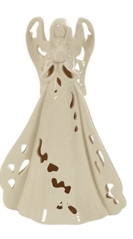 9.5&quot; Lighted Porcelain Angel - A lovely porcelain lighted angel with her hands clasp in prayer, designed with an embossed lace pattern and distinctive cut outs on her wings and robe.  Measures approximately 9.5&quot; inches tall; made of quality porcelain; comes equipped with a light bulb and cord.  The angel will be embellished with a silk bow.