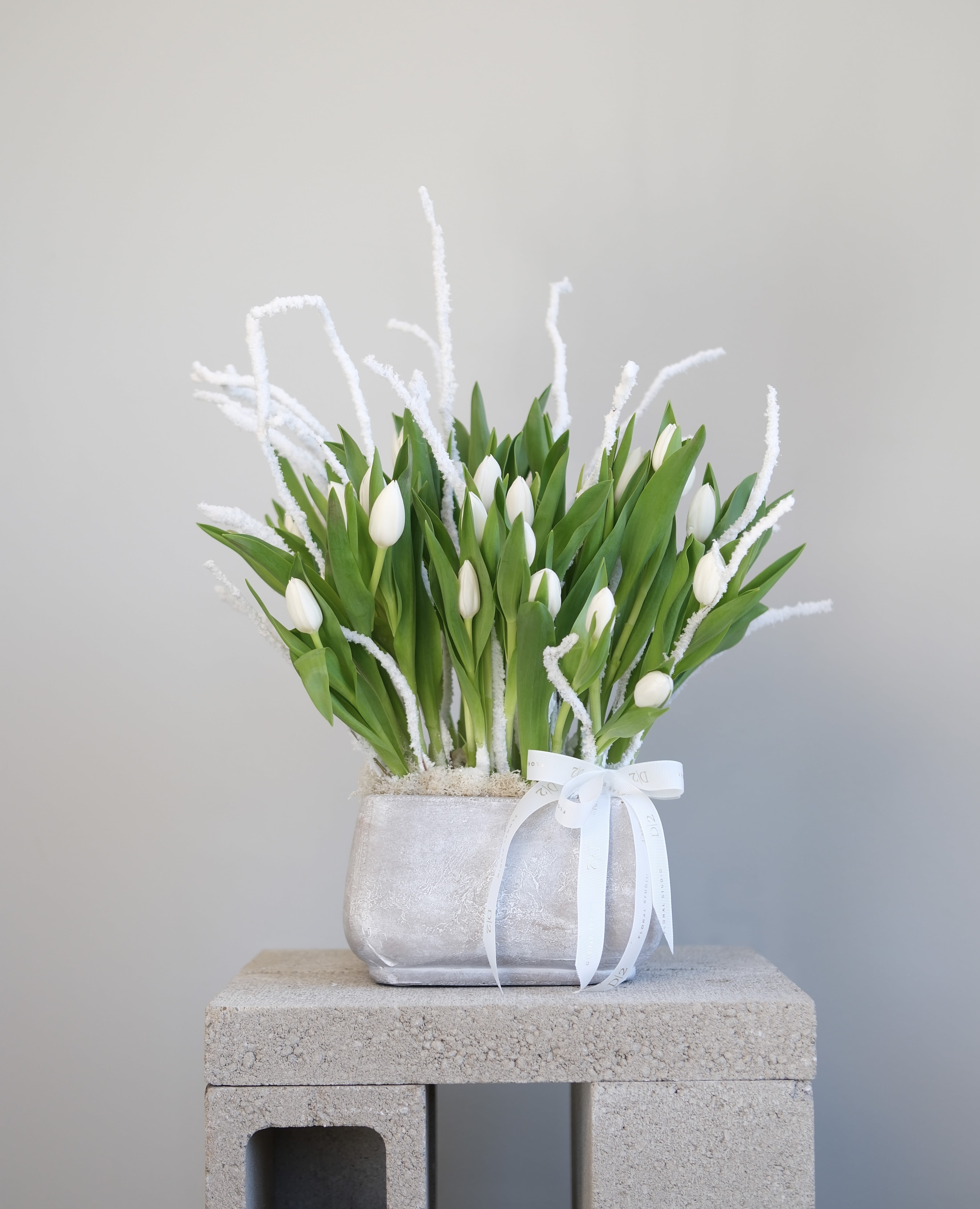 Mila - Elegant white tulip arrangement in a textured stone pot, accented with soft winter branches and finished with a D|2 ribbon for a modern, minimal look.