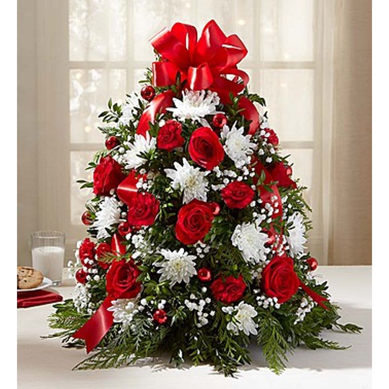 CHRISTMAS TREE ROSES - 2 FT HIGH TREE WITH ROSES AND POMPOM