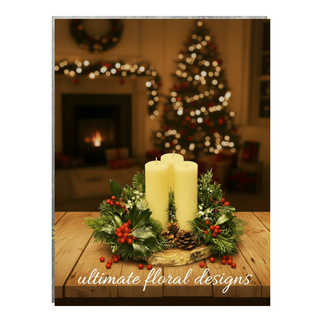 Winter Glow Candle Centerpiece - Our Winter Glow Candle Centerpiece is a handcrafted holiday arrangement featuring lush winter evergreens, holly leaves, pinecones, and festive red berries surrounding elegant ivory pillar candles. Perfect for Christmas tables, winter décor, mantels, and seasonal gifting, this timeless centerpiece adds warmth and sophistication to any home or event.  Designed by Ultimate Floral Designs, your trusted local florist in Great Falls, Virginia, serving Northern Virginia, Maryland, and Washington, D.C.