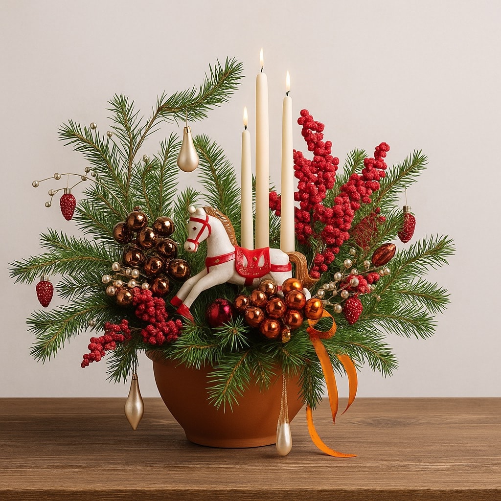 Evergreen Christmas Centerpiece – Los Angeles Holiday Flowers - Bring elegant holiday magic to your table with this festive evergreen centerpiece, designed with lush seasonal greens, rich red berry accents, and warm ornament details for a refined winter look. Tall taper candles add a classic glow, making it a perfect choice for Christmas dinner, winter celebrations, and sophisticated home décor. This arrangement is ideal as a statement holiday centerpiece or a thoughtful gift for clients, friends, and family.  If you’re searching for luxury holiday flowers in Los Angeles, a Christmas centerpiece delivery, or a premium seasonal design from a Hollywood florist, this piece offers timeless style with a modern festive touch. Carefully styled for high-end homes and events, it’s a beautiful way to elevate your holiday table with texture, warmth, and seasonal charm. Explore our holiday centerpieces collection for more seasonal designs: https://hollywoodblooms.com/los-angeles-hollywood-blooms/mini-christmas-tree-arrangement.html