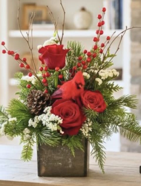 Christmas Blessings  - Wooden box with lush Christmas greens ,red roses, berries and natural twigs , cardinals nestled in Christmas greens 
