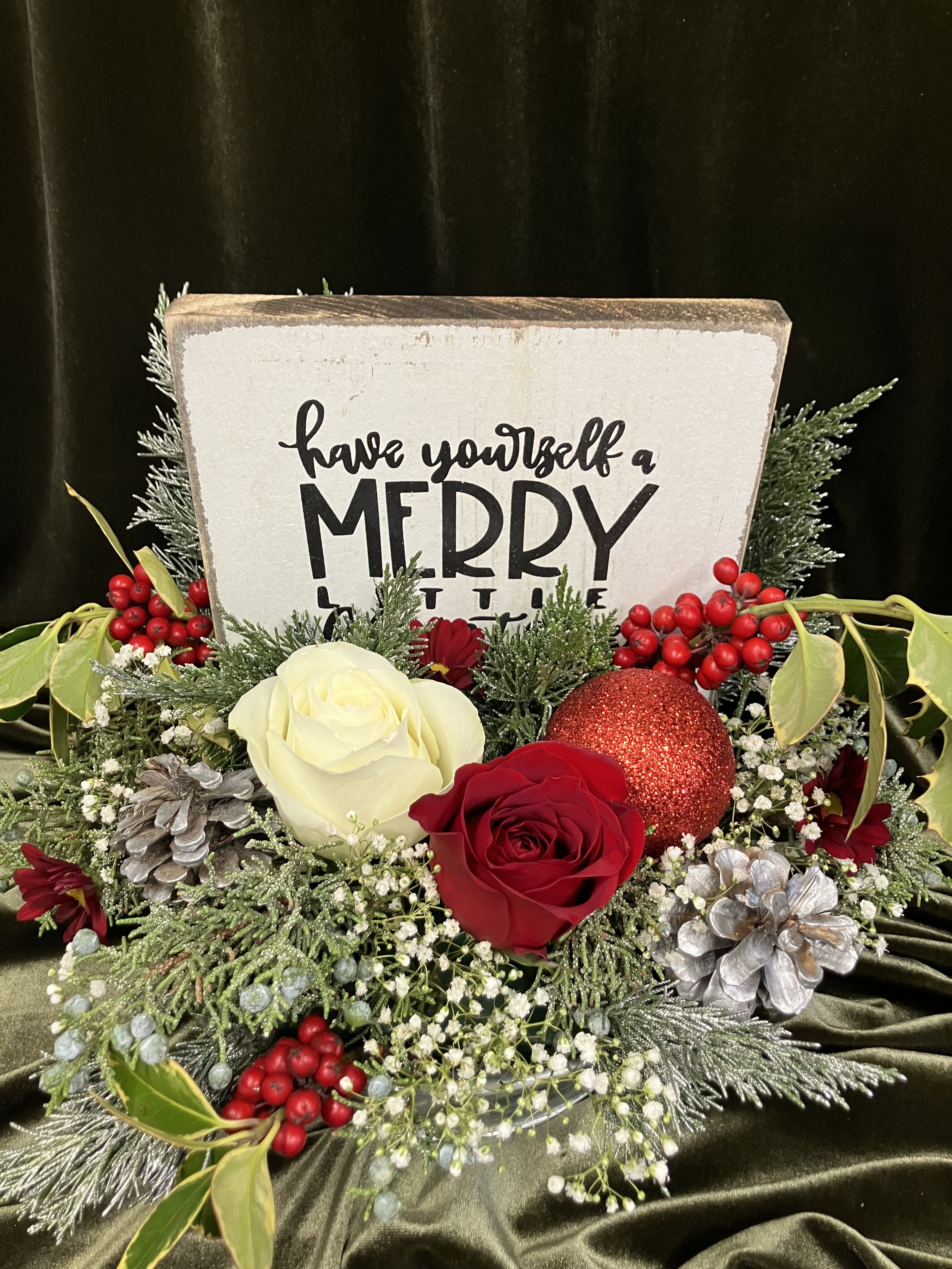 Christmas Sign and Evergreens  - Tis the season for fragrant evergreens! Send a bright metal tin tray with fresh evergreens and a sign for Christmas with silver ornaments and branches to accent! 