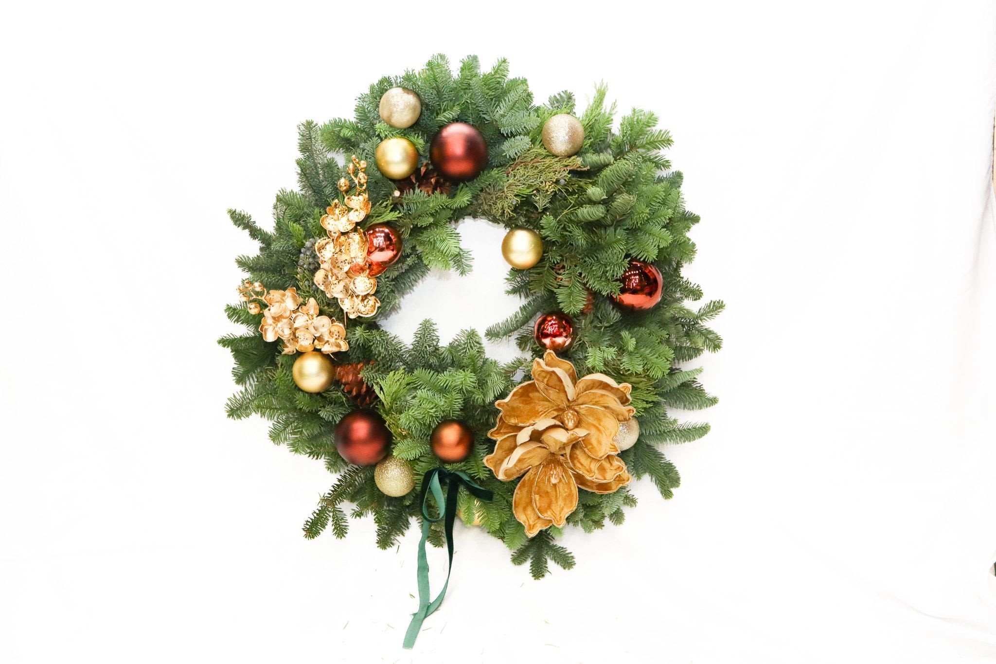 Wreath  - 10 inch mixed greens, white bow Christmas Wreath