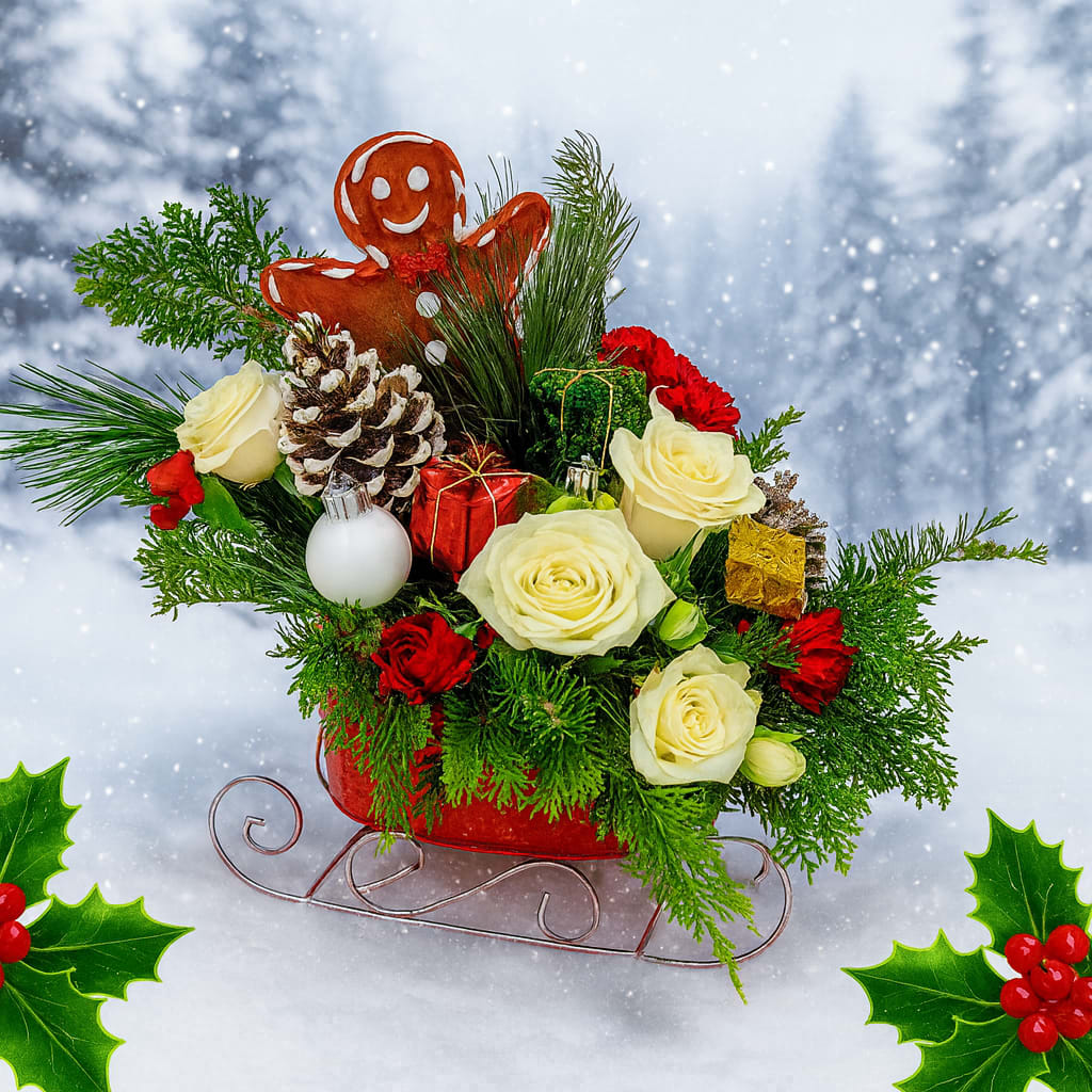 KC225 “Gingerbread Express Sleigh” - KC225 “Gingerbread Express Sleigh” All aboard the Gingerbread Express Sleigh! This sweet little red sleigh is overflowing with Christmas cheer — filled with soft white spray roses, cheerful red pixie mini carnations, frosted pinecones, and bright foil-wrapped packages tucked between happy holiday ornaments. And in the driver’s seat? A runaway gingerbread man, ready to deliver smiles all season long! Perfect as a thoughtful hostess gift, a warm holiday thank-you, or a charming accent for a small Christmas table. This delightful arrangement brings a touch of whimsy and a whole lot of festive spirit wherever it goes 