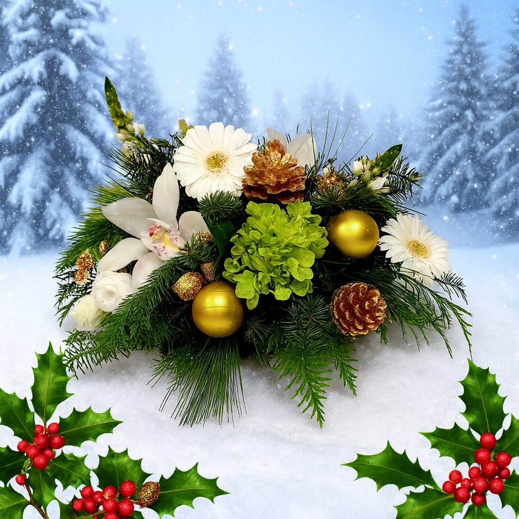 KC325 “Golden Whisper Christmas Centerpiece” - KC325 “Golden Whisper Christmas Centerpiece” Our Golden Whisper Christmas Centerpiece brings gentle elegance to an intimate holiday table. Ivory cymbidiums, green mini hydrangea, and soft white germinis rest among fragrant Christmas evergreens, accented with gold pinecones, berries, ornaments, and tiny festive packages. Low and refined, it creates a warm, welcoming glow—perfect for quiet gatherings, heartfelt dinners, or adding a touch of serene beauty to your Christmas season. 