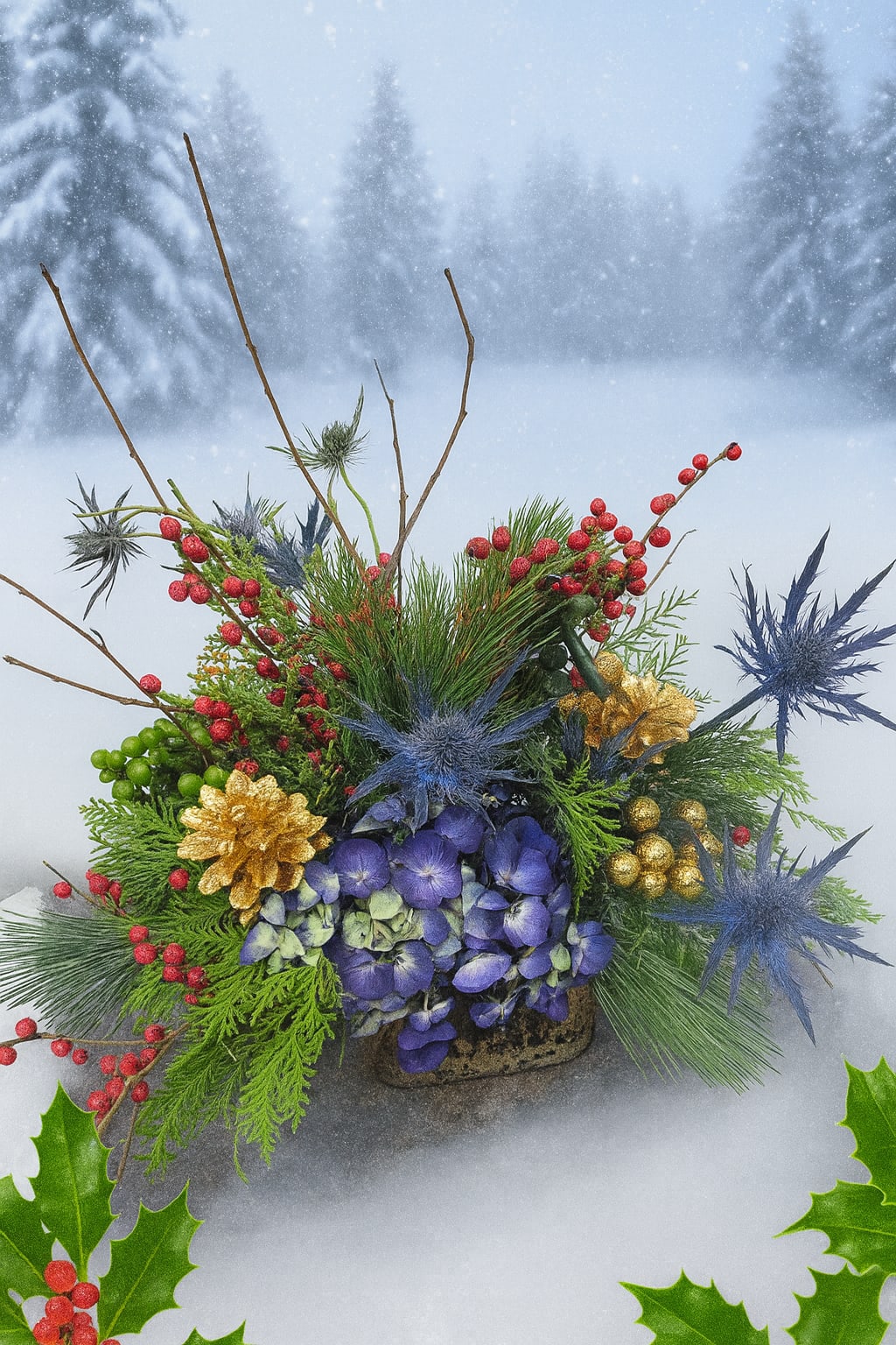 KC525 “Kiko’s Golden Jewel Cube” - KC525 “Kiko’s Golden Jewel Cube” Kiko’s Golden Jewel Cube is a modern Christmas delight, designed to shine with rich color and elegant texture. A lush purple hydrangea takes center stage, surrounded by bright red winterberry, striking blue thistles, and festive red and green hypericum. Gold pinecones and berries add a warm holiday glow, all nestled into a foundation of soft, fragrant evergreens. This contemporary gold cube brings bold style and cheerful Christmas spirit to any table. Great job again, Kiko! 