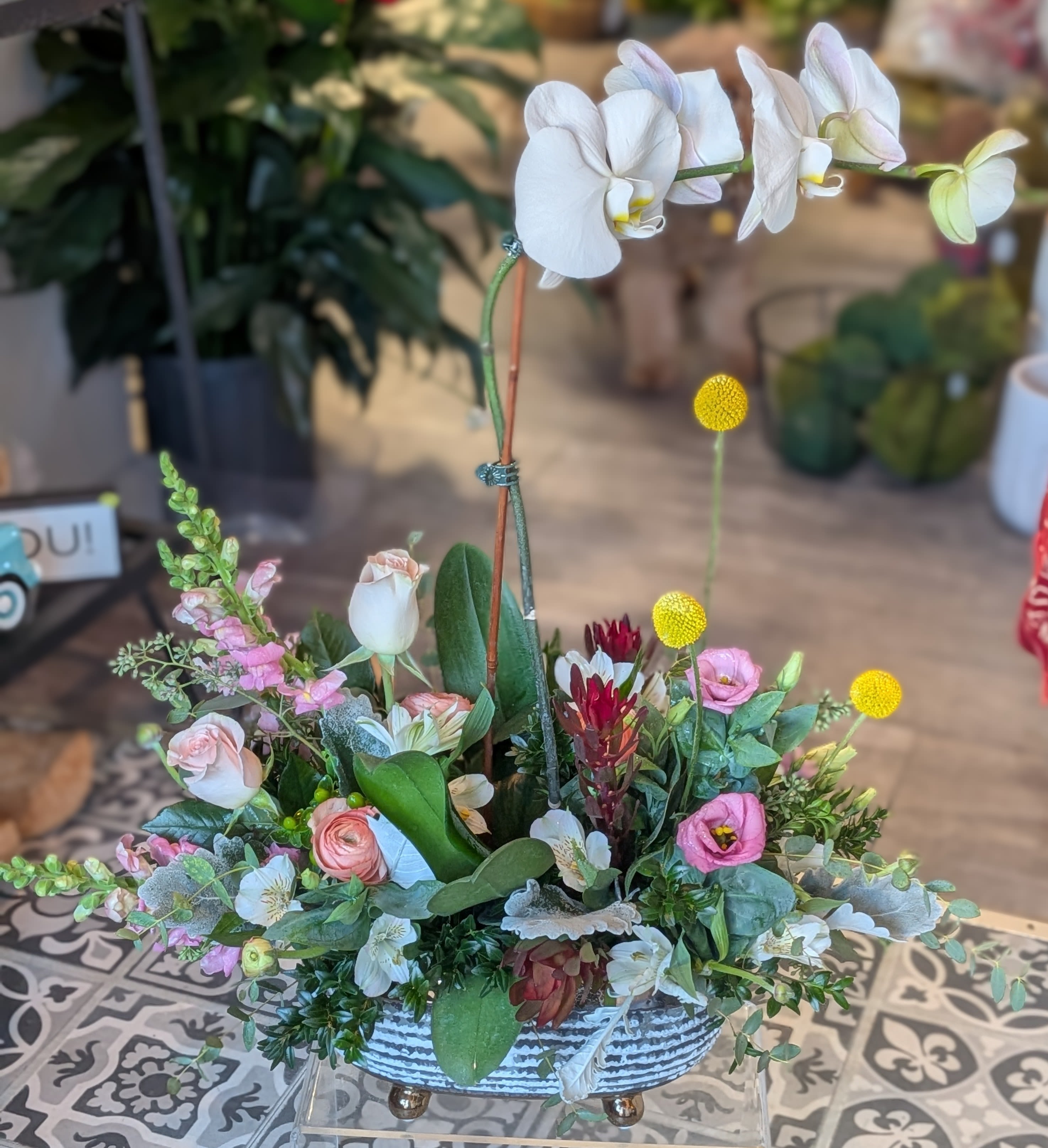 Elegant Orchid with Florals - The orchid color may vary. The color palette we will try our best to keep it consistent. Size will vary depending on orchid size.