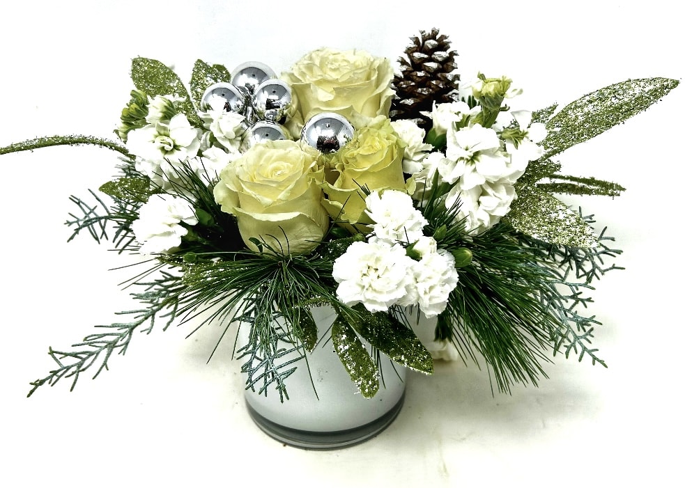 Wintermint Vase - White, silver and mint green that sparkles. Arranged In 5x5 frosted white glass cylinder with fresh Christmas greens 