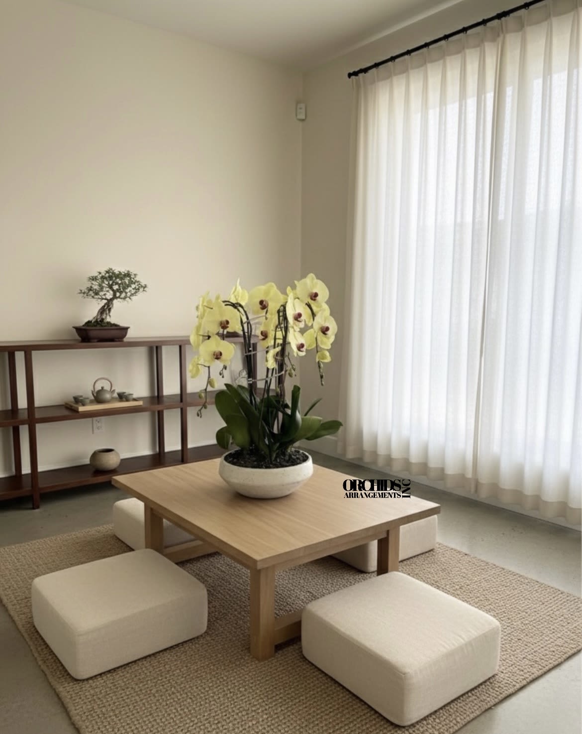 Yellow Cascade Flower Same Day - A high quality Five yellow orchid arrangement with a vase 13" D X 5" T. An orchid arrangement flower deliver for any occasion design with fresh natural real beautiful Phalaenopsis cascade orchid plant minimalist decor.