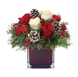 Spread The Holiday Cheer Bouquet  - This holiday season is sure to be very cheerful and merry for the lucky recipient of this exquisite arrangement of red and white roses, red mini carnations and fragrant Christmas greens in a trendy ruby cube. Making the look even more special are bright red berries and white frosted pine cones!   Available for same day delivery to Washington Park, Platt Park and most Denver neighborhoods!  