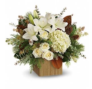 Snowy Woods Bouquet  - This modern design of snowy white blooms in a trendy wooden cube makes for an extraordinary seasonal gift!  This gorgeous bouquet includes white hydrangea, white roses, white asiatic lilies and is accented with pinecones, lush eucalyptus and fragrant holiday greenery!   Perfect for every holiday birthday, anniversary or winter occasion!  Available for same day delivery to most locations by Washington Park's favorite florist, Floral Expressions!  