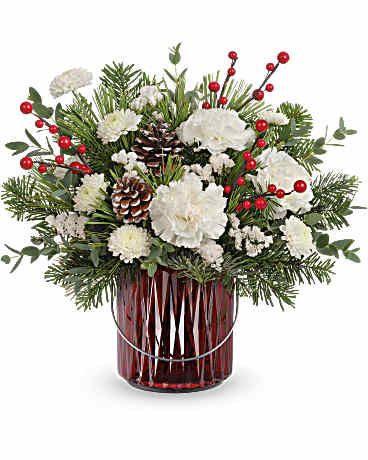 Gleaming Holiday White Bouquet - Gleaming Holiday Bouquet features white carnations, white button spray chrysanthemums, white statice sinuata, noble fir, parvifolia eucalyptus, and white pine, accented with cedar and greenery. It is elegantly presented in Merry Glow Lantern, adding a festive touch to your holiday celebrations.