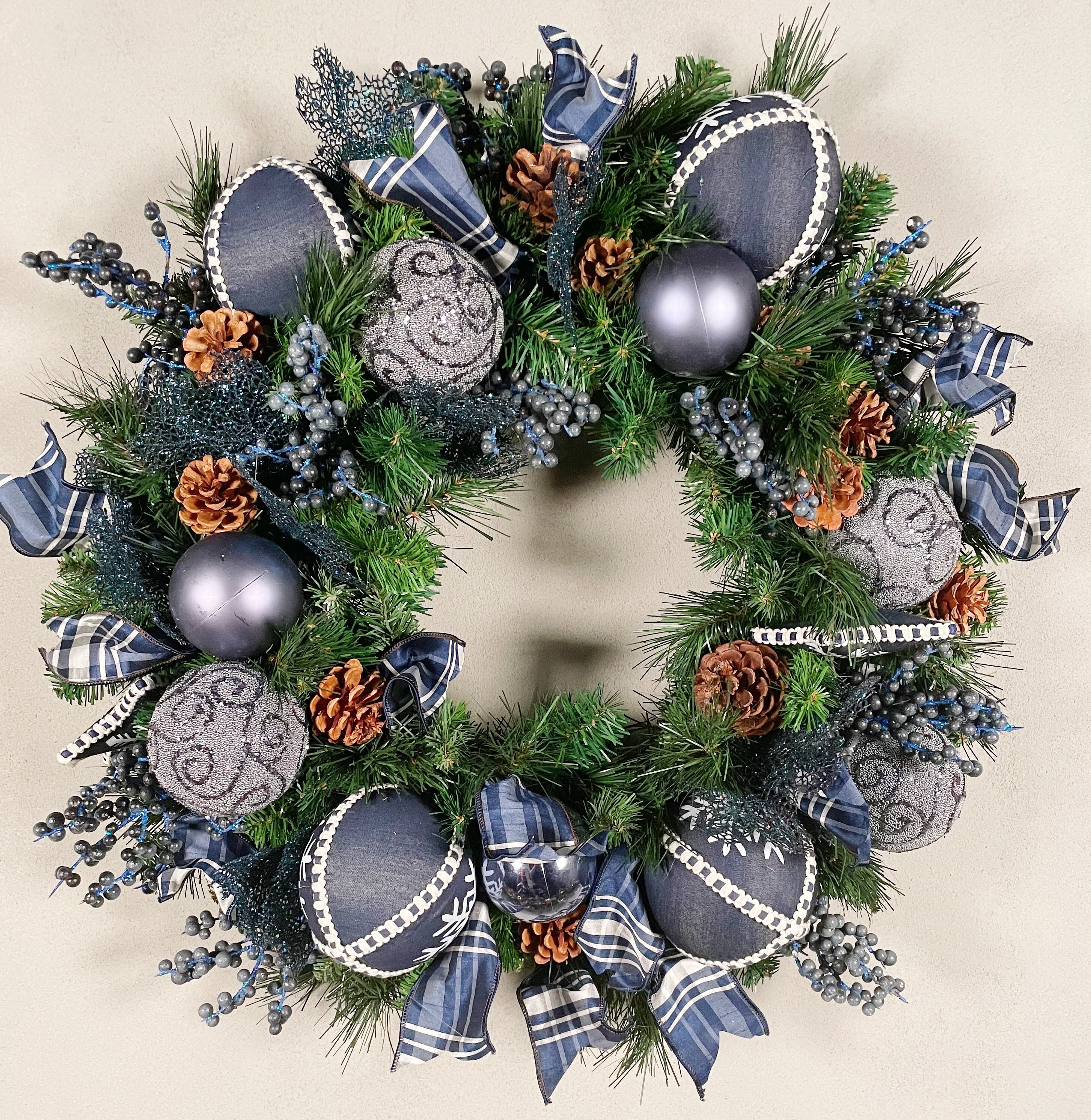 Holiday Wreath Denim Blue - A holiday wreath in a cool shade of denim blue. 