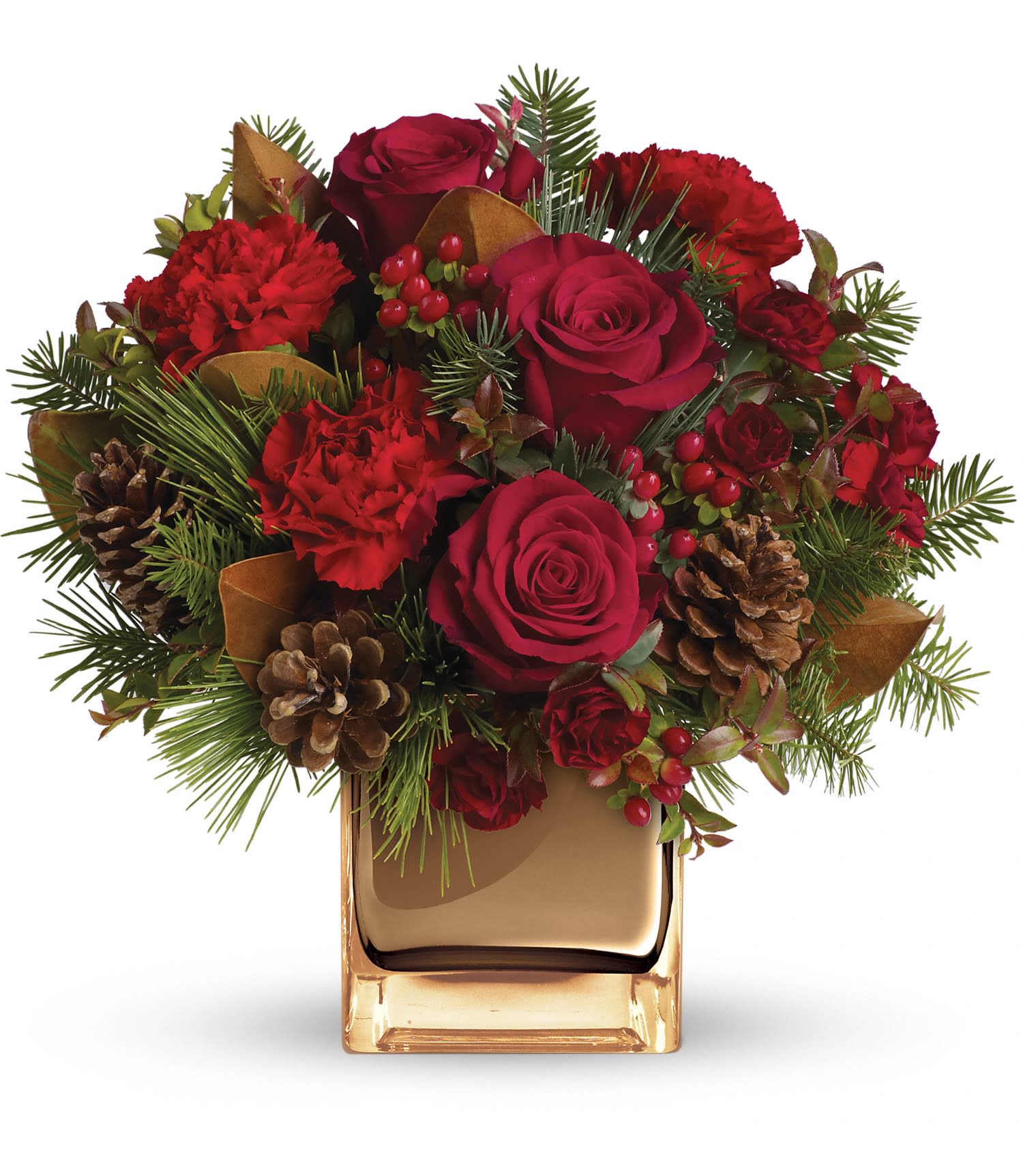 Warm Tidings - Wish them warm tidings! Red roses and carnations are arranged in our warm bronze mirrored cube.   Red roses, carnations, miniature carnations and hypericum are accented with assorted holiday greens. Delivered in our bronze mirrored cube. Approximately 13" W x 12 1/2" H 
