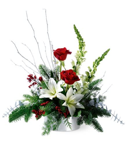 Winter Frost - What are the holidays without a touch of sparkle? This dazzling holiday arrangement arrives in a silvery bowl, bearing a mix of fresh flowers, red berries and silver-glittered branches. A gala holiday decoration, guaranteed to bring a twinkle to someone's eye.    Red roses, white Asiatic lilies and snapdragons accented with noble fir, ming fern, salal, flat cedar, incense cedar and decorated with faux red berries â plus silver-glittered branches and faux eucalyptus â is delivered in a silvery centerpiece bowl. Approximately 20" (W) x 20" (H) 