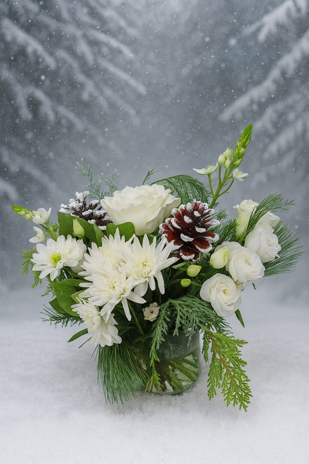 KC725 Winter’s Pure Grace Centerpiece - KC725 Winter’s Pure Grace Centerpiece  Our Winter’s Pure Grace Centerpiece captures the quiet beauty of freshly fallen snow in a soft, elegant display. This all-white arrangement brings a calm winter charm to any table, combining delicate blooms, natural accents, and fragrant evergreens. The design features white lisianthus, spray roses, Star of Bethlehem, and white pompons. Lisianthus adds gentle, ruffled texture; spray roses provide petite, romantic clusters; and Star of Bethlehem brings bright, star-shaped blooms that open beautifully over time. White pompons add fullness and a cheerful, snowflake-like touch and more. A lush mix of seasonal evergreens surrounds the flowers, giving the arrangement depth, structure, and a refreshing winter fragrance. Perfect for every little thing. Pure, crisp, and timeless, Winter’s Pure Grace reflects the serene elegance of winter—fresh, simple, and quietly enchanting.  