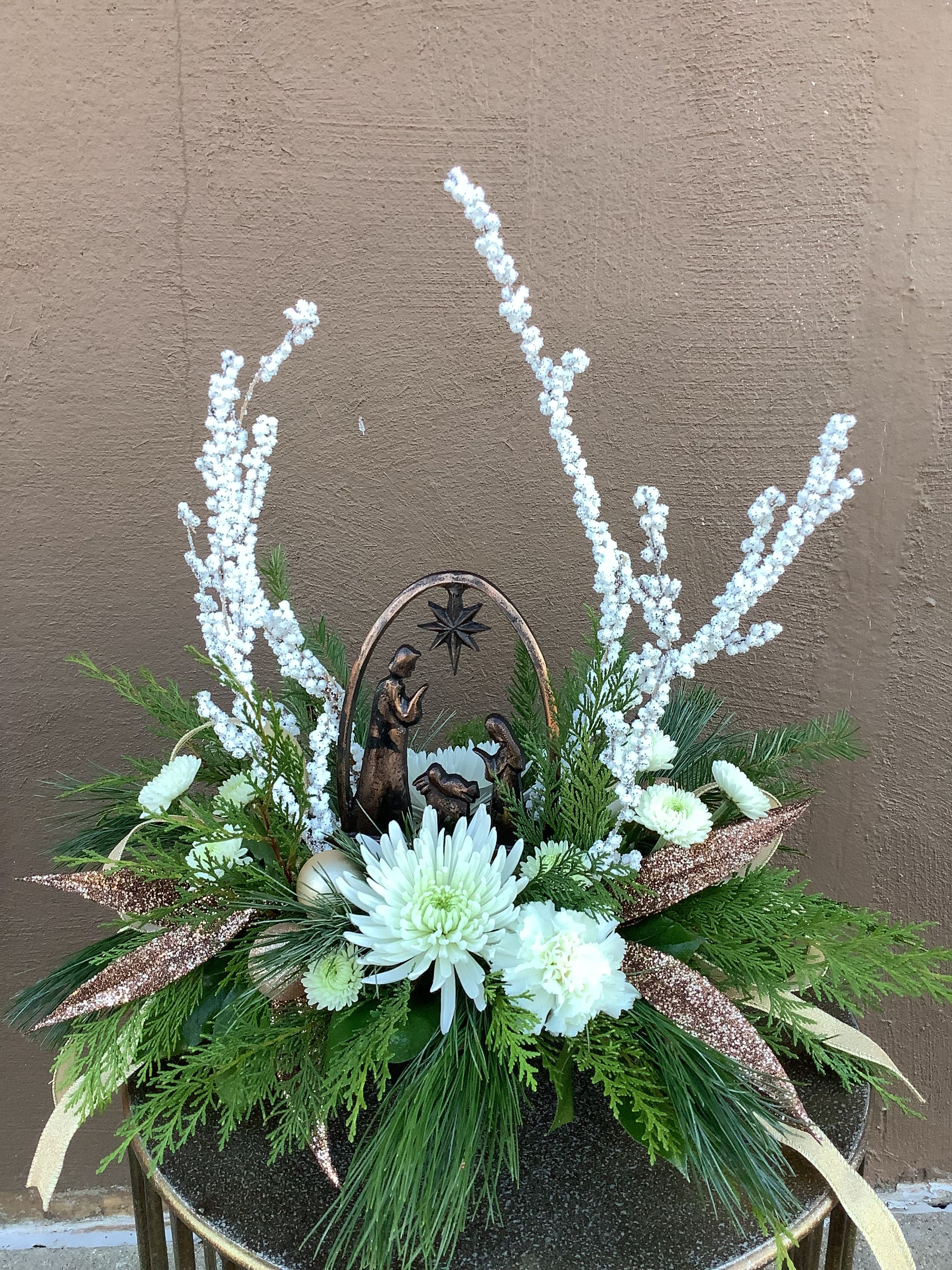 Oh Holy Night - All white flowers surround the Holy Family.