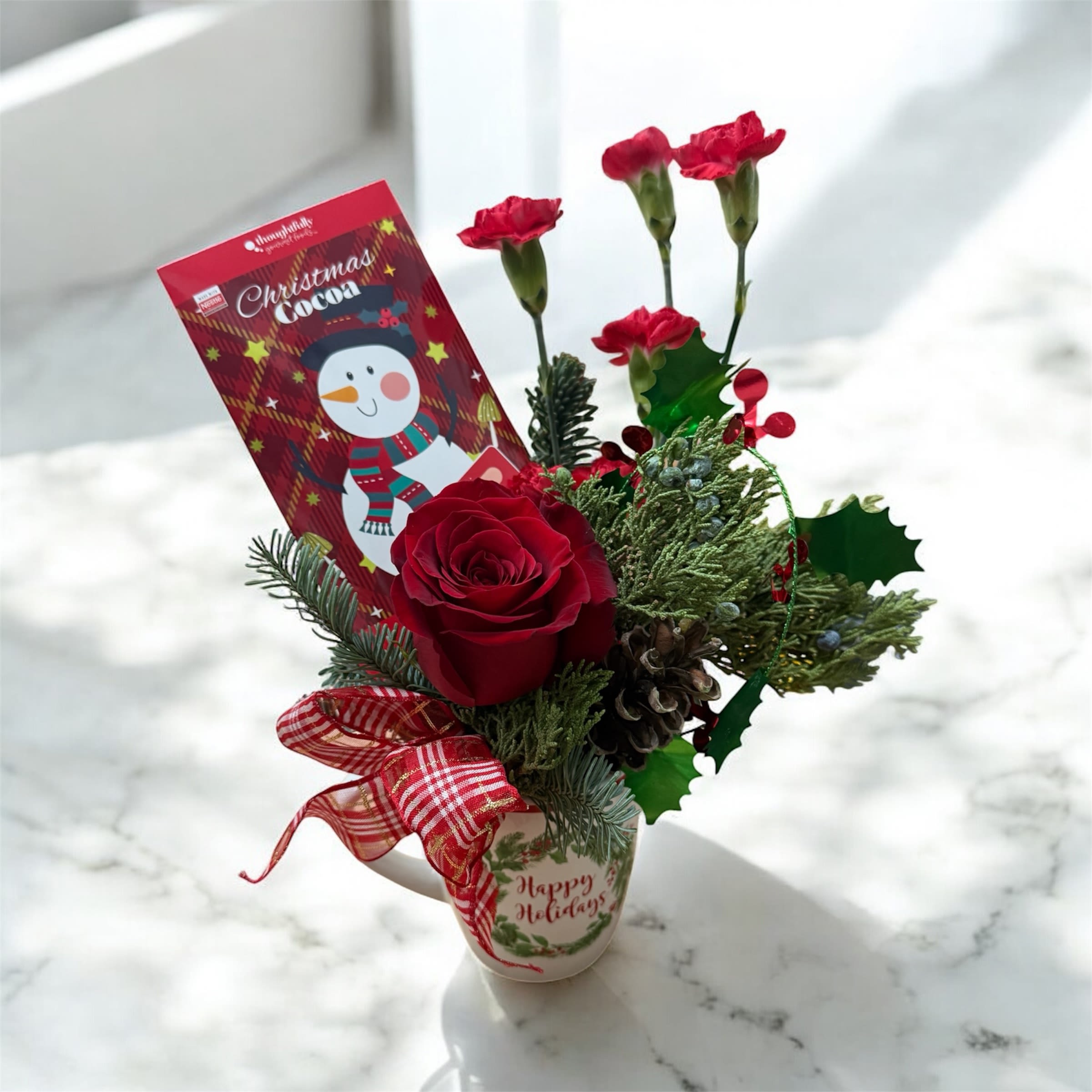 Christmas Mug &amp; Best Day Coffee Gift Certificate - Send a wonderful christmas mug filled to the brim of fresh christmas greens, a hot chocolate packet, christmas accents, and a $10 Best Day Coffee gift certificate!  The perfect little gift for a teacher, neighbor, or anyone you want to show appreciation for!  We can deliver or select pick up!