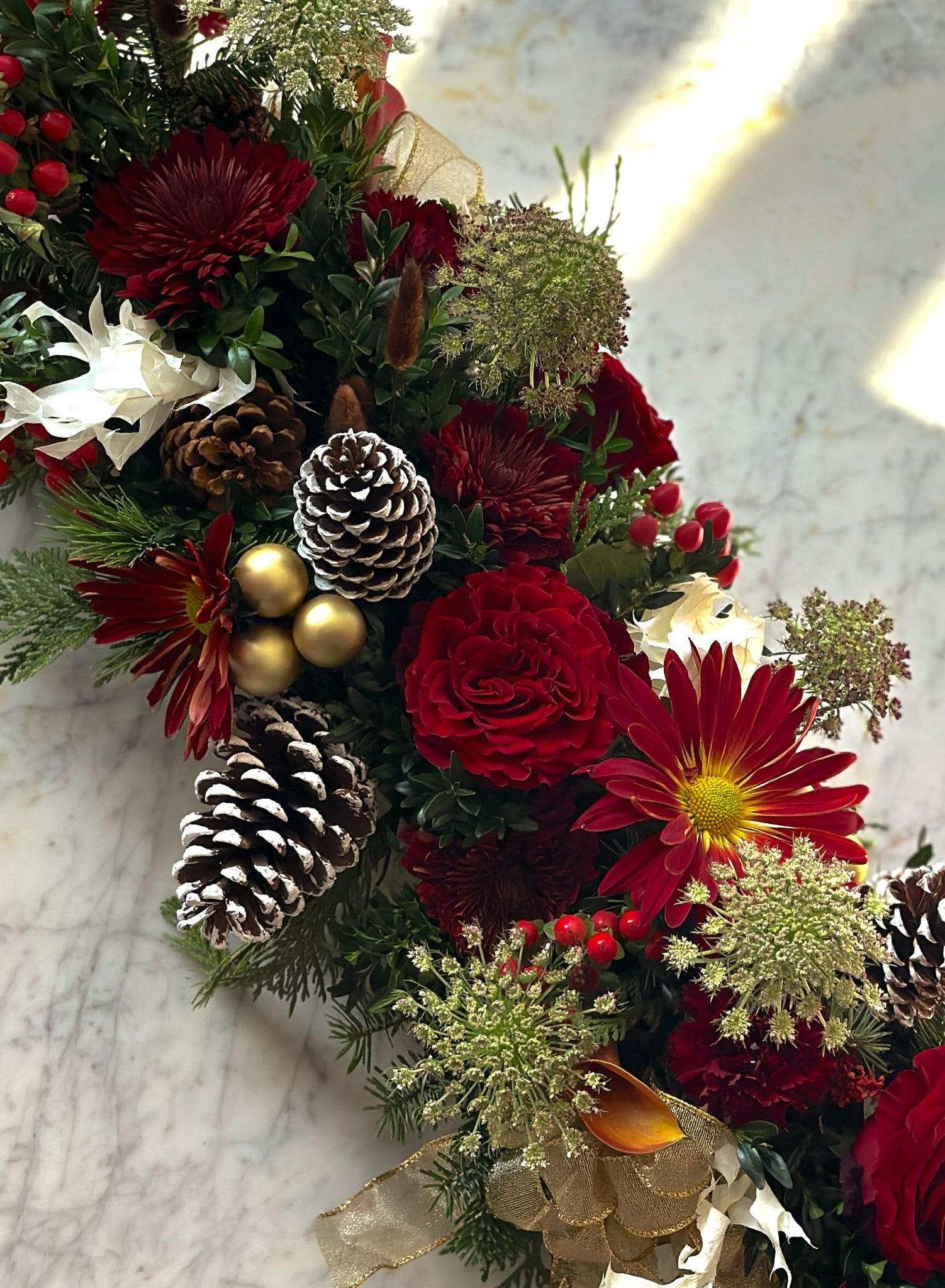 Long &amp; Low Centerpiece Red Pines - A mix of neutral reds, pinecones and fresh winter greens   approx 18&quot; long and 5&quot; wide